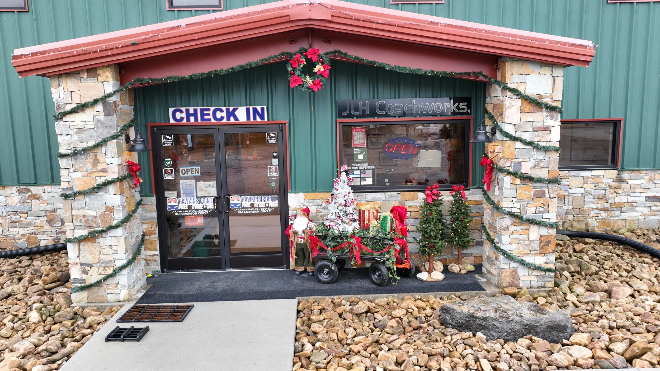 Outside Check In at Hawkins Pointe with Christmas decorations.