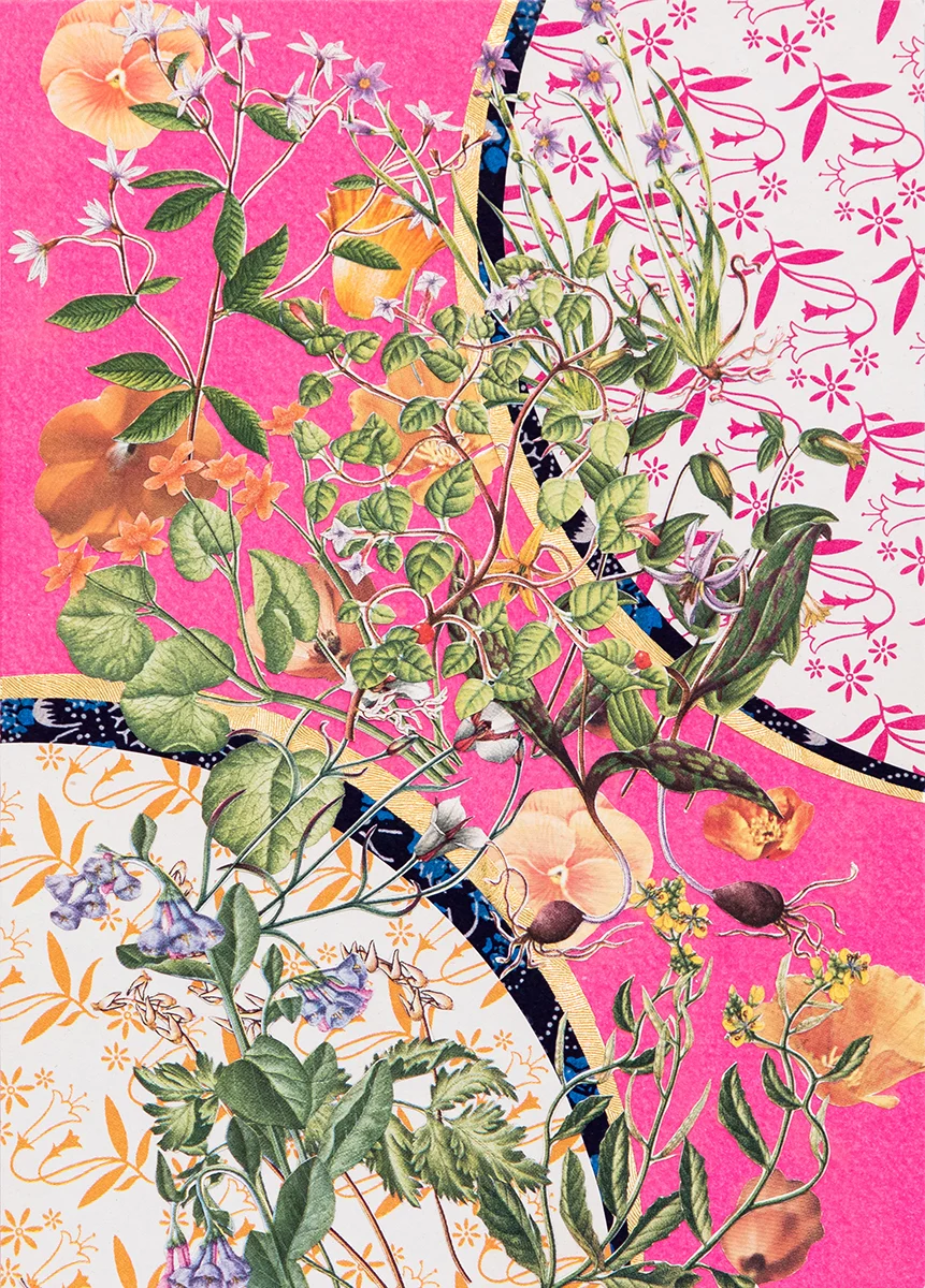 Intertwined, 2018 Hand-cut vintage and origami paper collage on masonite panel, 7 x 5 in. Private Collection