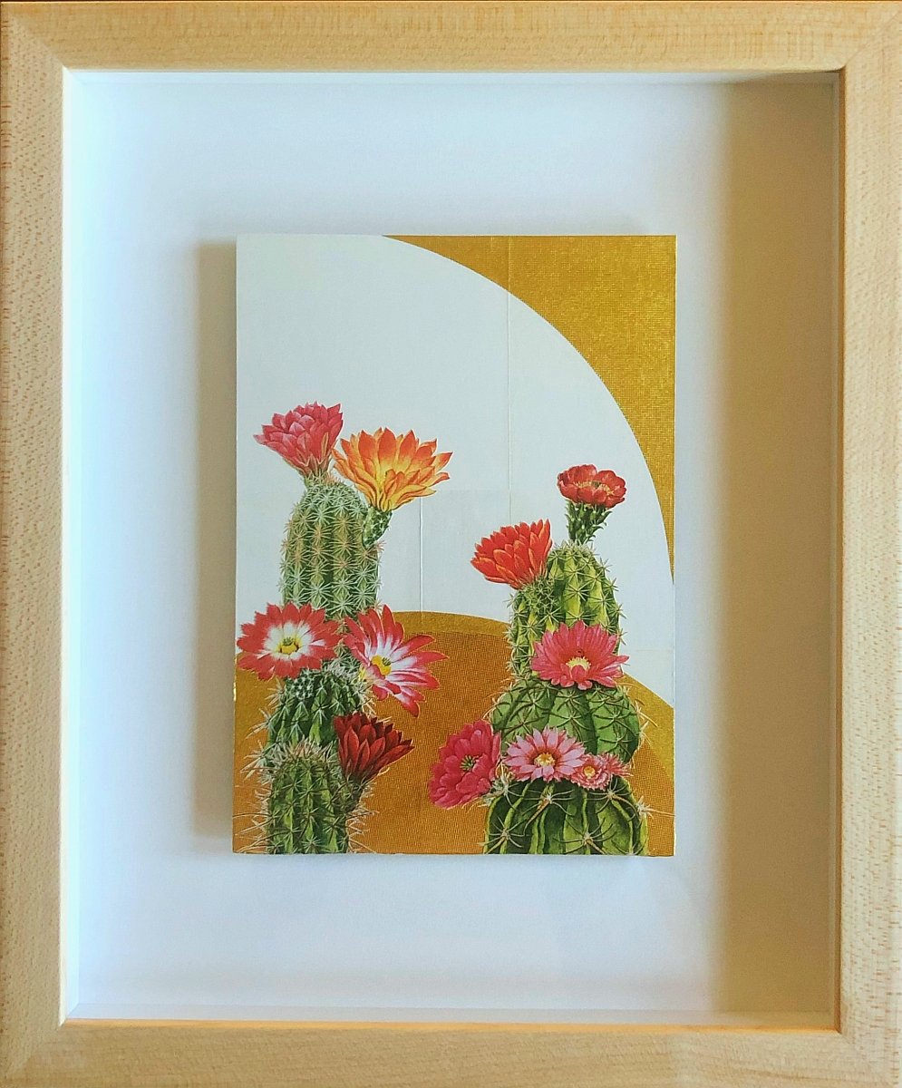   Golden Cacti 2,  2020  Hand-cut vintage and origami paper collage on masonite panel, 7 x 5 in.  Commission 