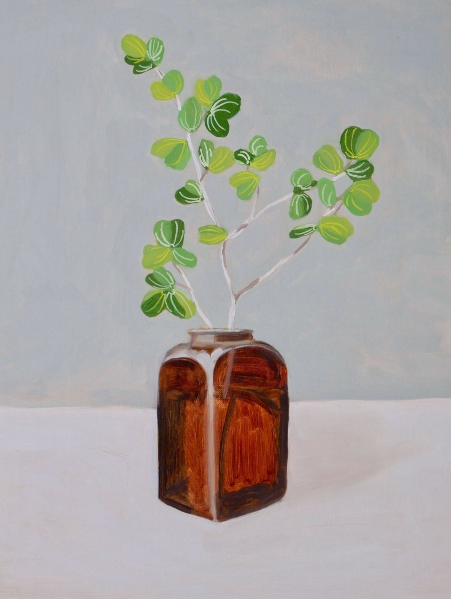   Anacacho Orchid Branch and Brown Bottle,  2022  Oil on canvas panel, 14 x 11 in.   Sold 