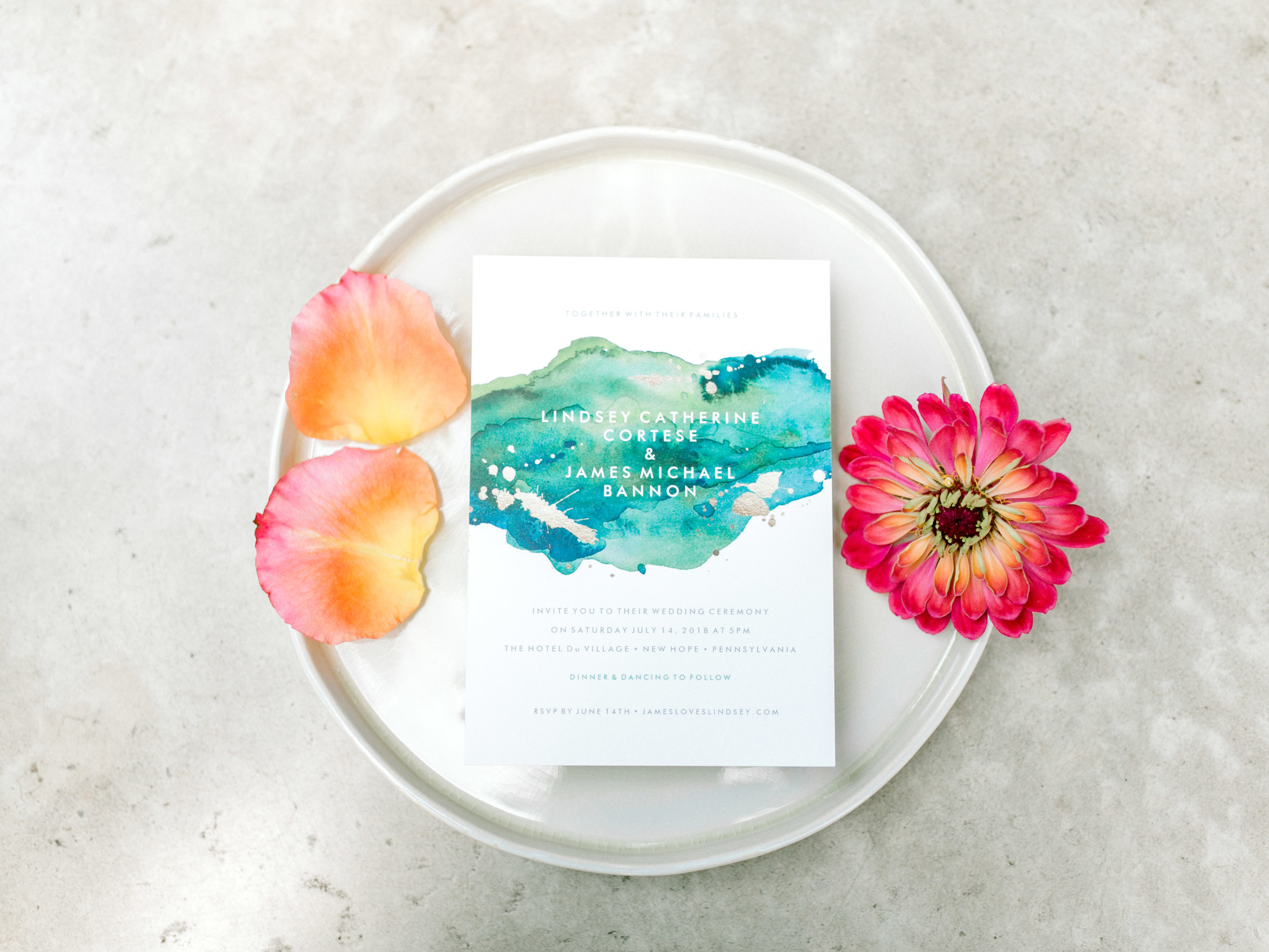 Colorful and modern wedding details. Blue watercolor invitation.