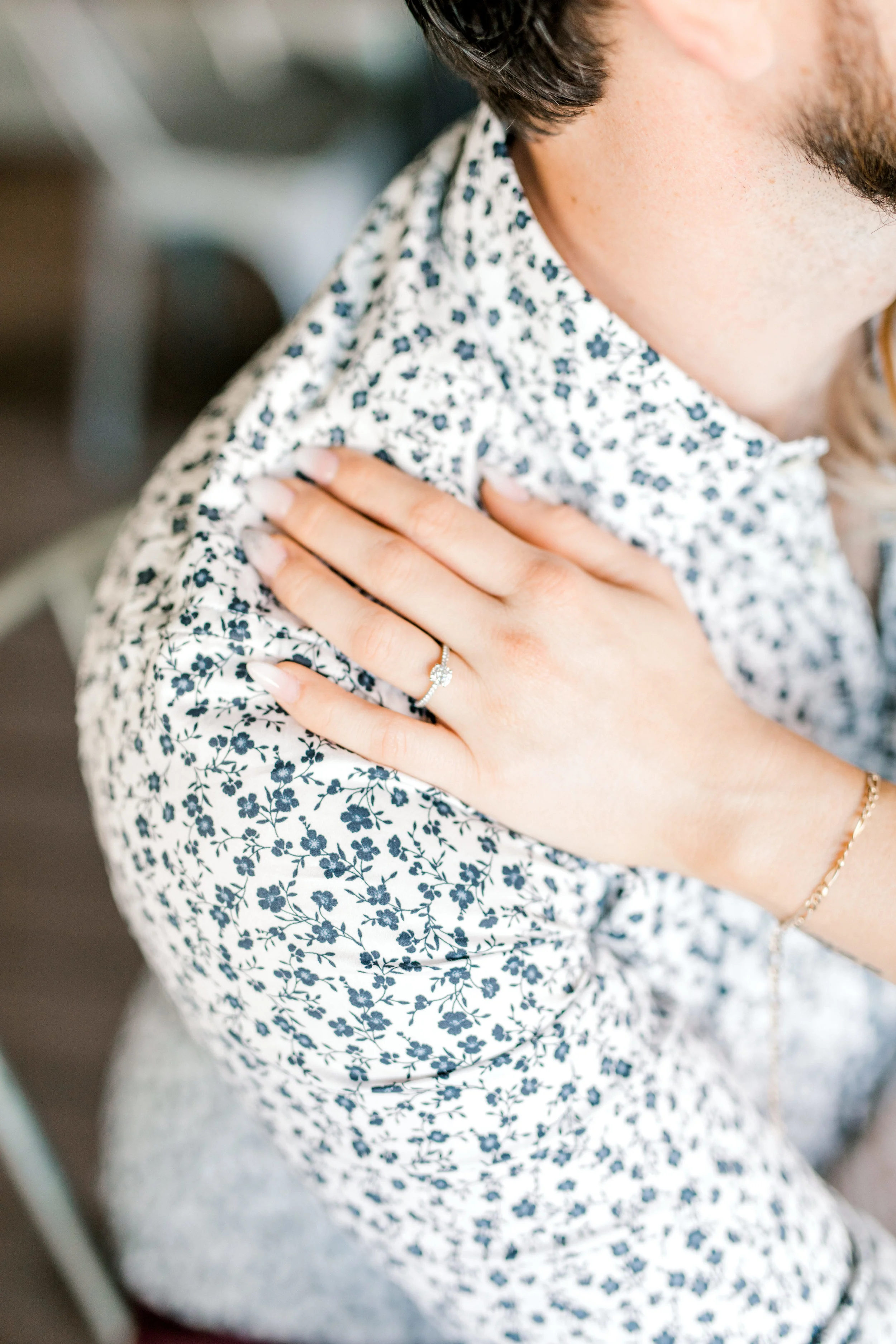 Nikki rings looks so good against the floral patterned shirt that Dale wore at their bright and romantic fall engagement session at the Revolution House in Old City, Philadelphia.