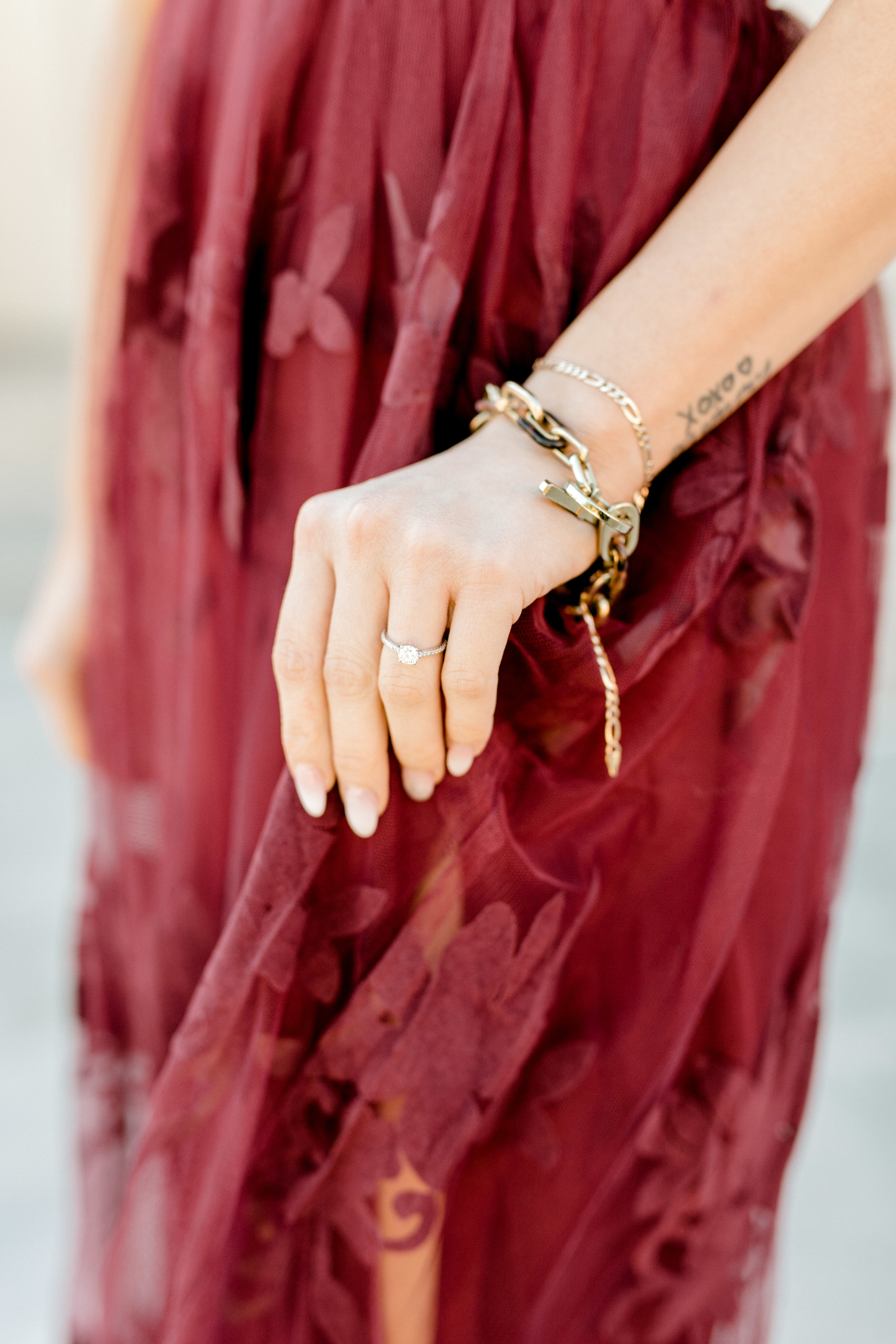 Nikki wore the most stunning burgundy dress for her bright and romantic fall engagement session in Old City, Philadelphia. Her ring just pops against this color!