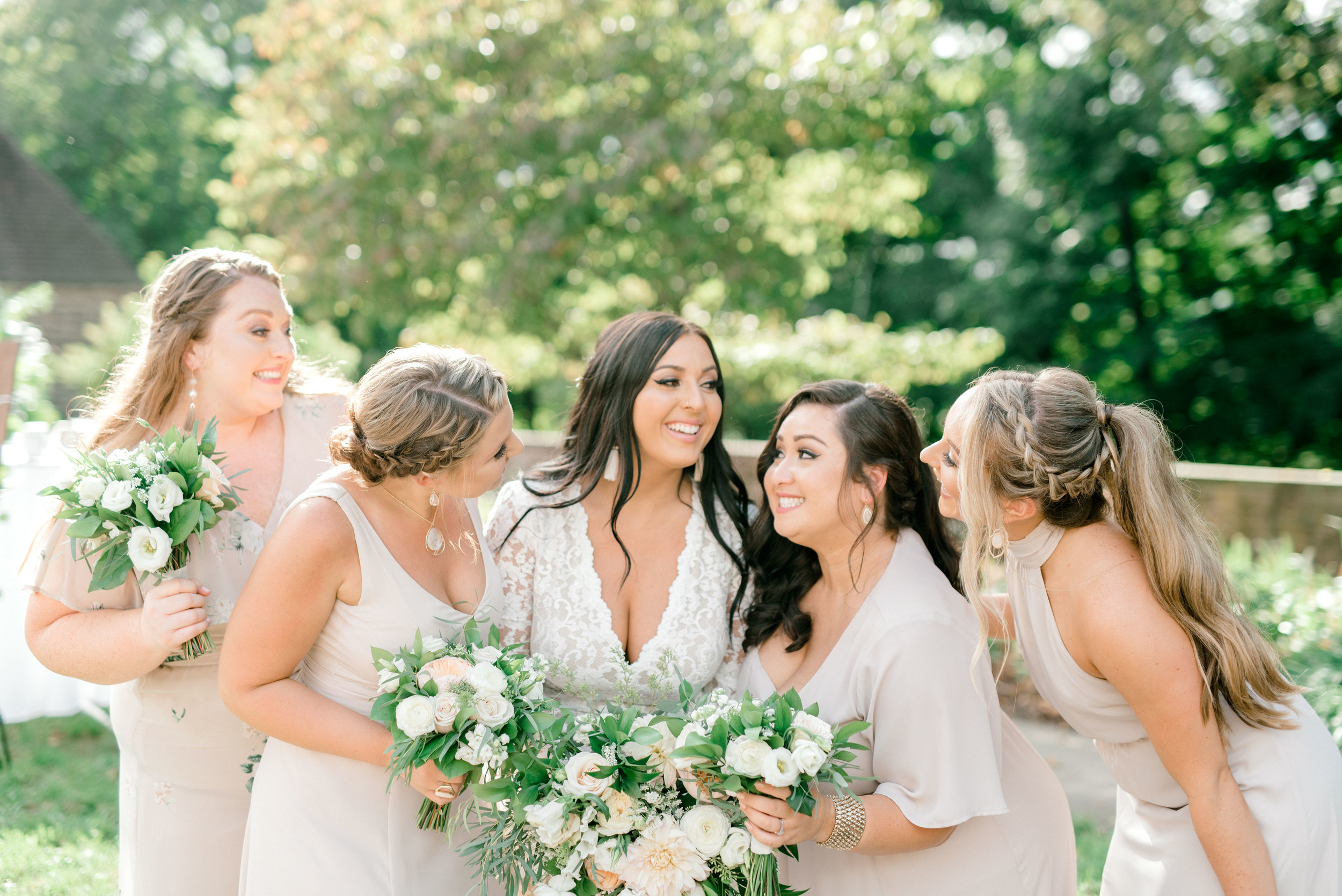 Smiles from these lovely bridesmaids in neutral tones for this bright boho chic Tyler Gardens wedding in Bucks County