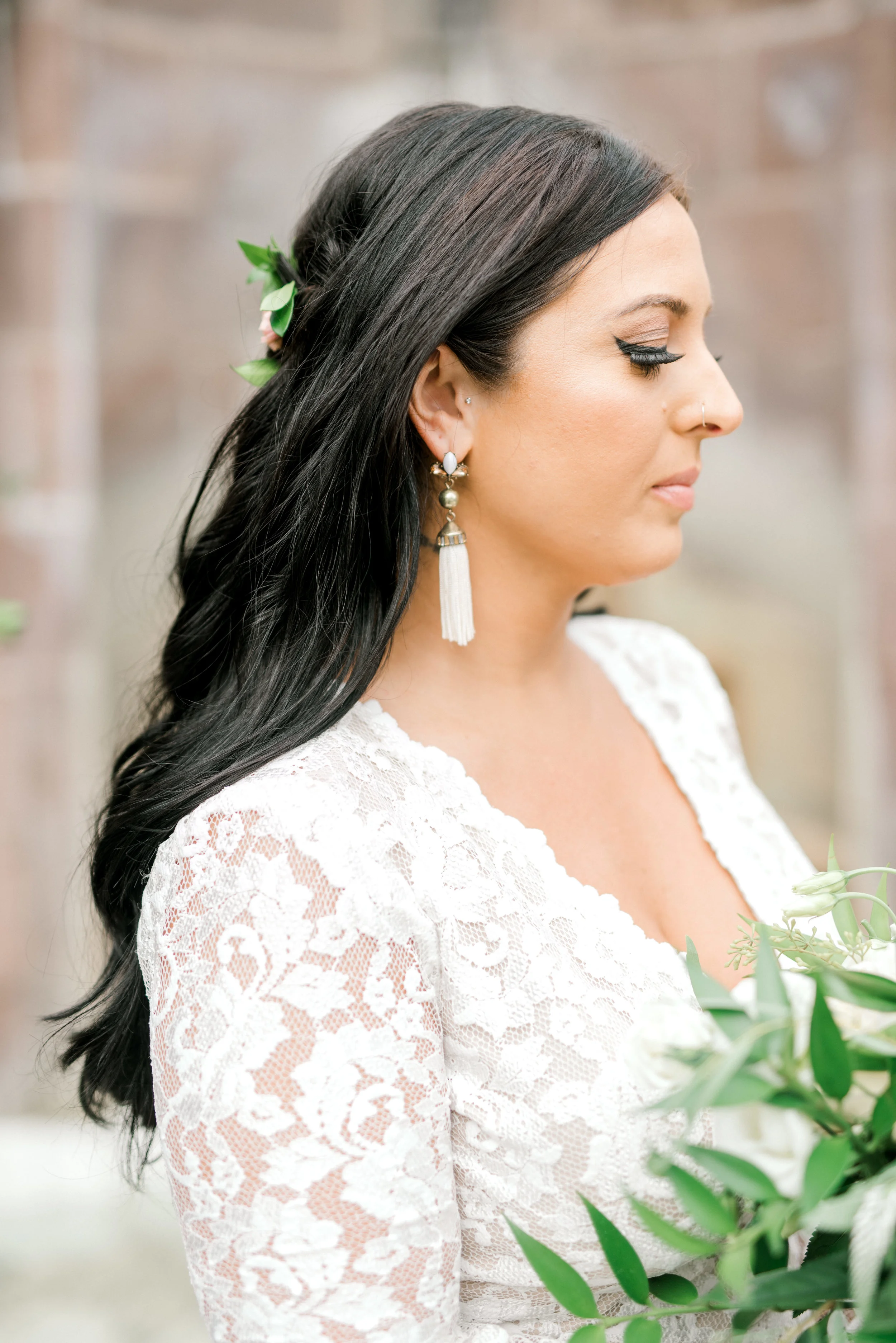 Alicia had such a timeless look, mixing some funky tassel earrings with a lace gown from BHLDN for her bright boho chic Tyler Gardens wedding in Bucks County