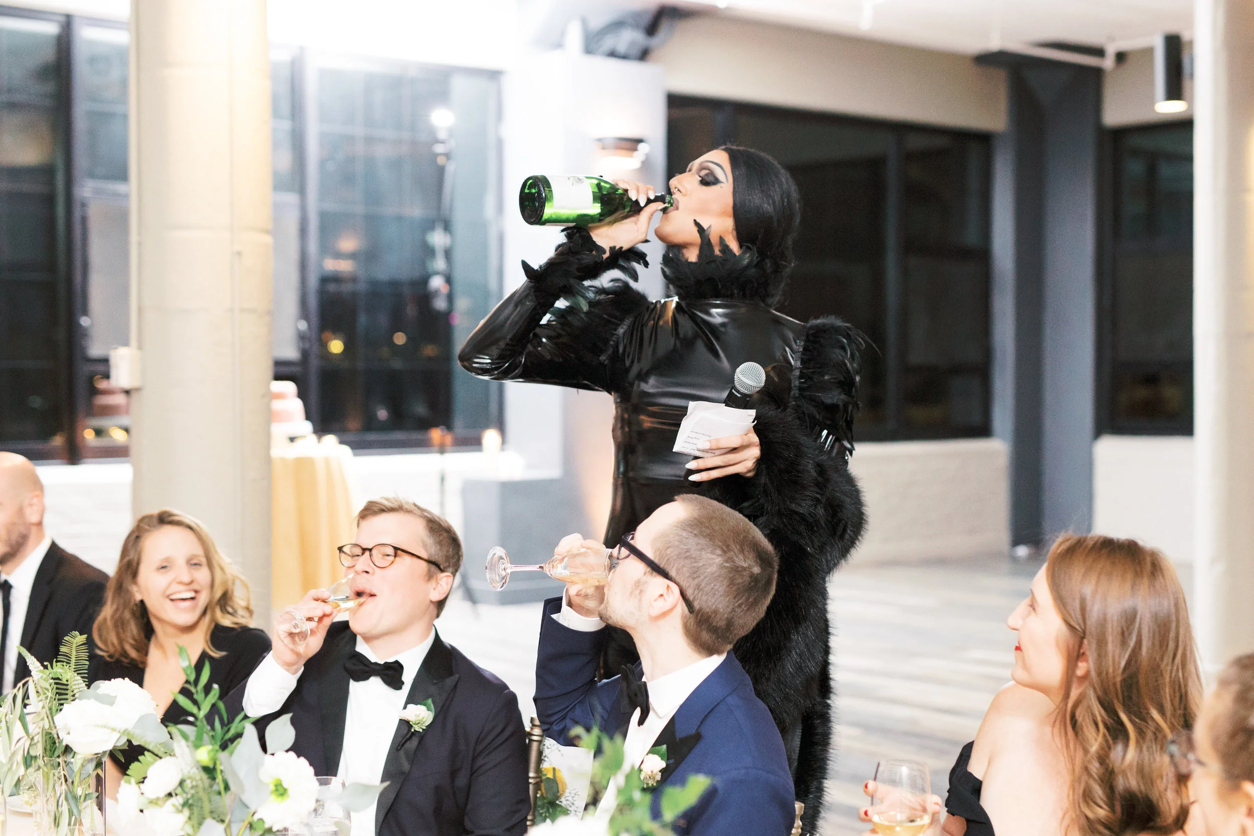 drag queen toast at a wedding reception in Philadelphia