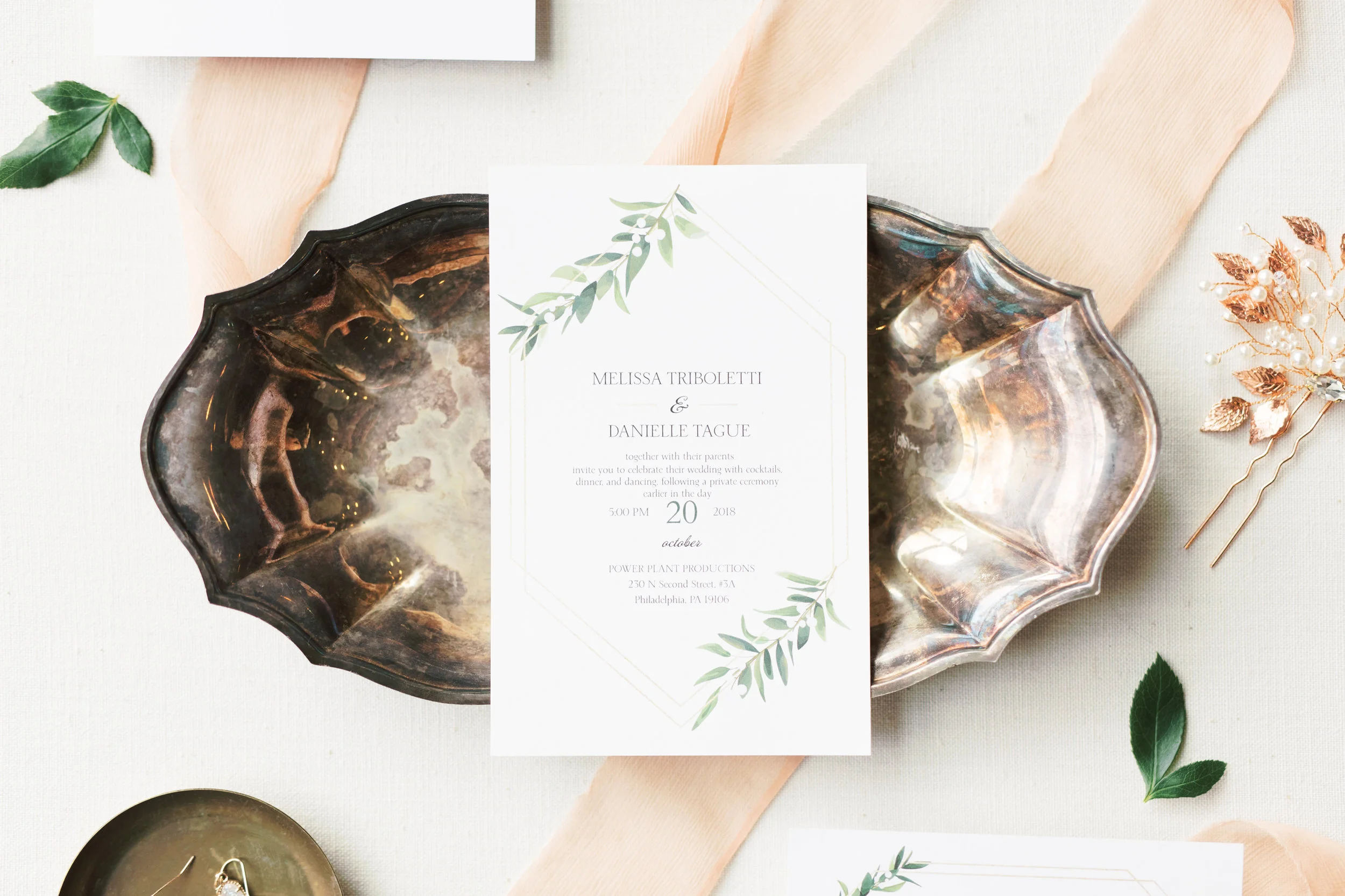 Missy and Dani’s modern and simplistic invitation suite with leaf motif made for a classic yet fresh approach for their modern and elegant old city Philadelphia wedding at Power Plant Productions. Power Plant Production wedding photographer