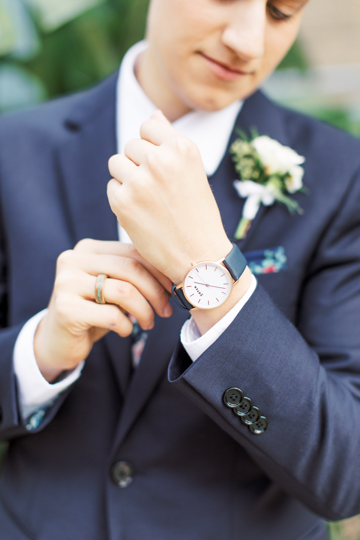 A sleek watch always adds a touch of class to a modern suit, like Dani’s blue suit from her modern and elegant old city Philadelphia wedding at Power Plant Productions. Power Plant Production wedding photographer