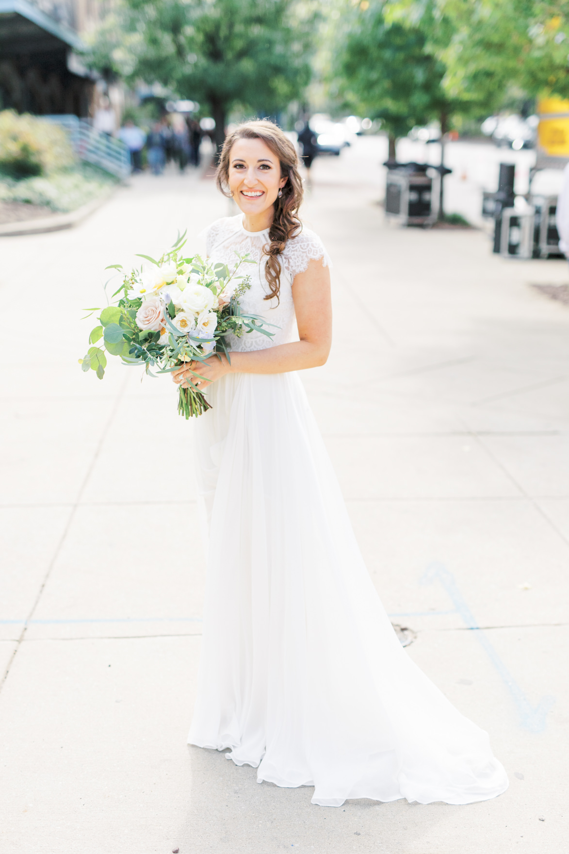 We simply adored Missy’s long flowing wedding gown with lace top for her wedding day, it was the perfect fit for her modern and elegant old city Philadelphia wedding at Power Plant Productions. Power Plant Production wedding photographer