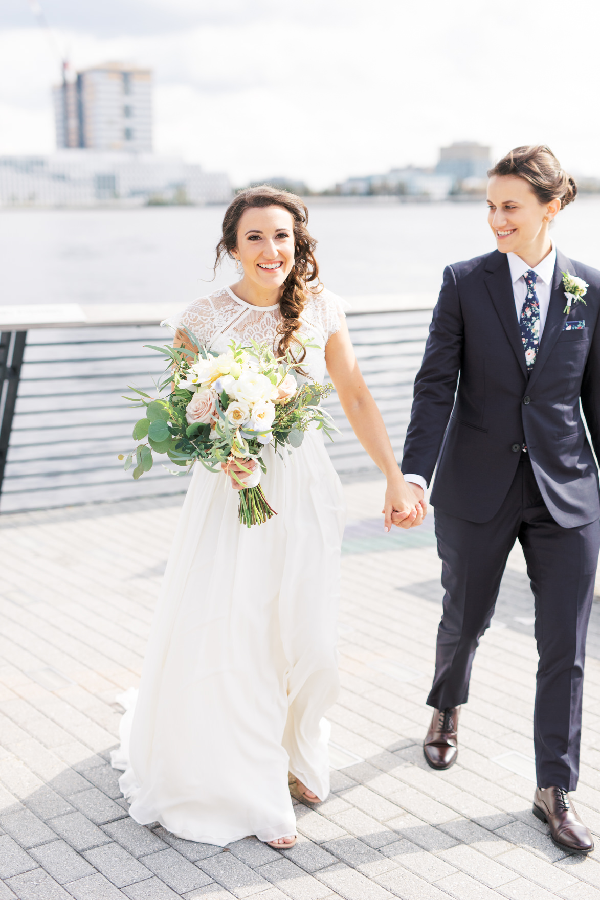 Dani and Missy had such a classic look for their wedding day with a modern twist. Missy’s lace top and Dani’s floral tie added just a little bit quirkiness into their modern and elegant old city Philadelphia wedding at Power Plant Productions. Power Plant Production wedding photographer