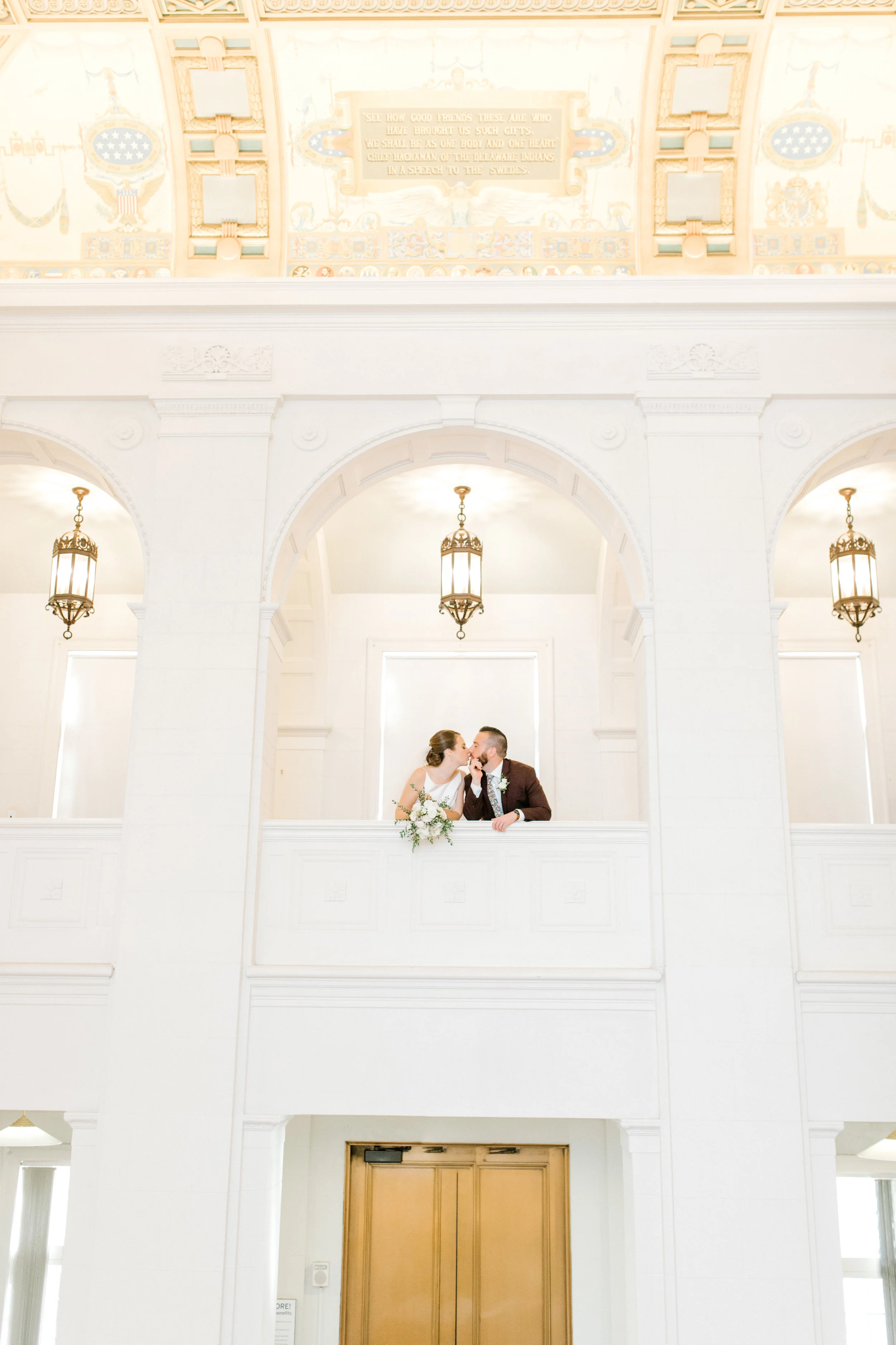 The inside of the Swedish Museum is just as magical with it’s intricate painted and relief ceiling and grand stairacse. Top 20 Philadelphia wedding venue. Swedish Museum wedding photographer.