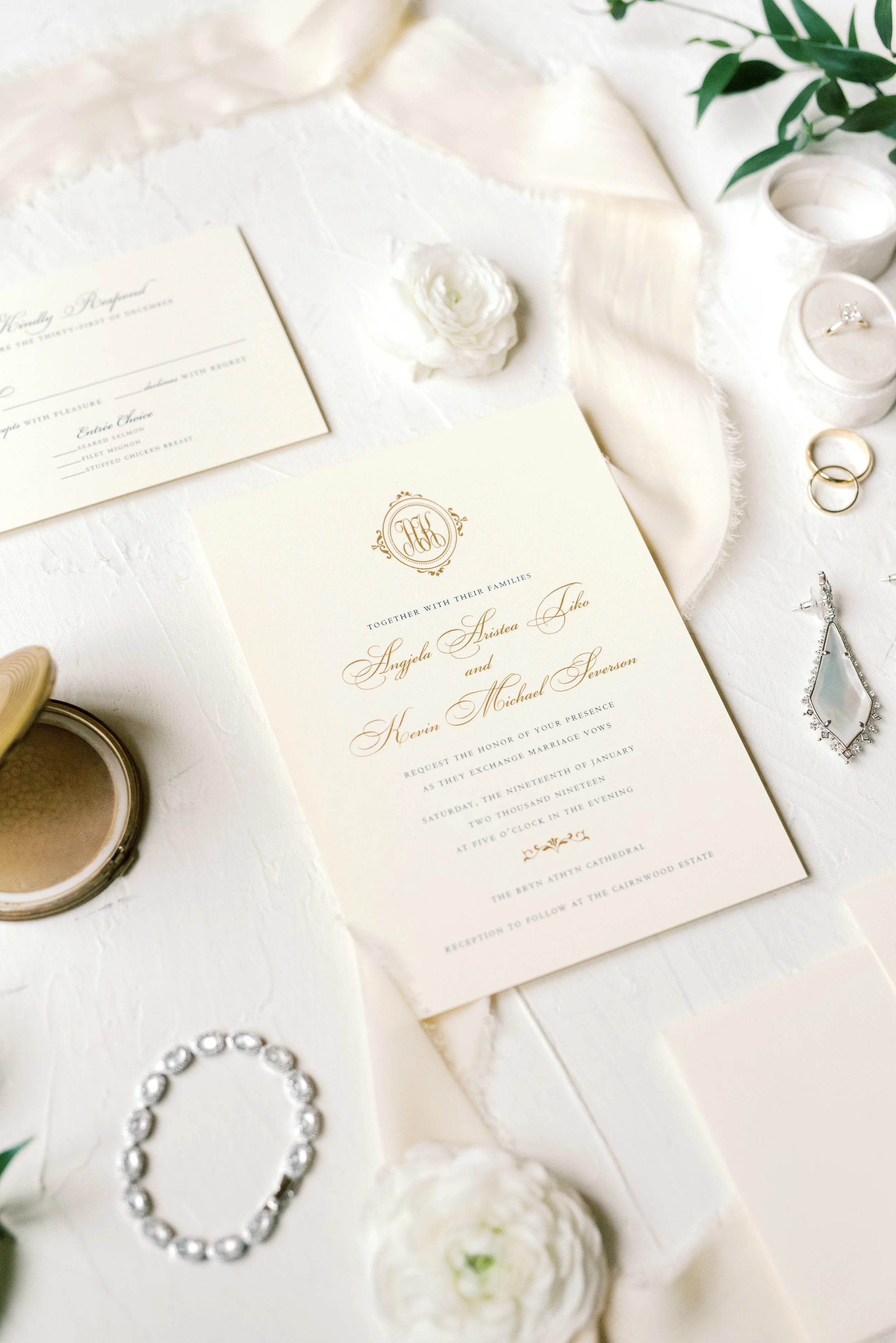 We simply adore the elegance of a traditional white invitation with a little pop of gold foil, it was the perfect match for this romantic and classic wedding day for their french inspired green and white Cairnwood Estate wedding.