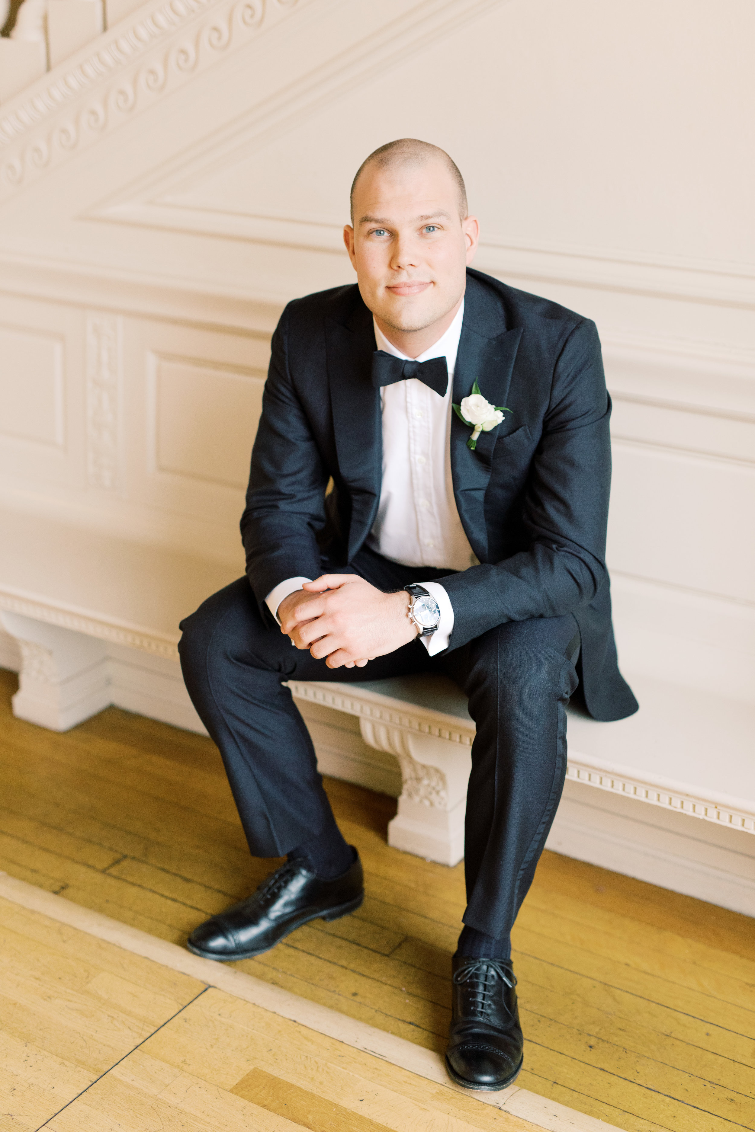 We couldn’t get enough of Kevin’s simple and classic black and white groom’s look topped with a bowtie for this romantic and classic wedding day for their french inspired green and white Cairnwood Estate wedding