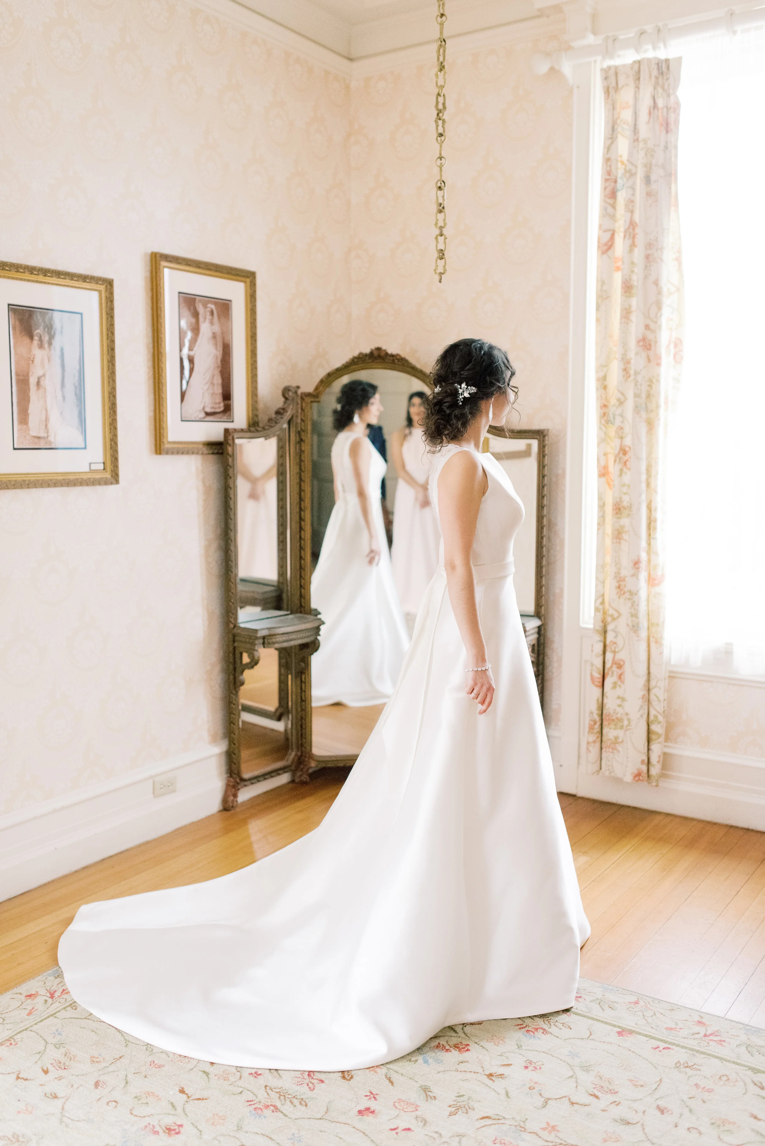 Carinwood Estate has the most elegant bridal suite for their brides to get ready in, we loved how Angjela looked here with her modern a-line wedding dress for her romantic and classic wedding day for their french inspired green and white Cairnwood Estate wedding