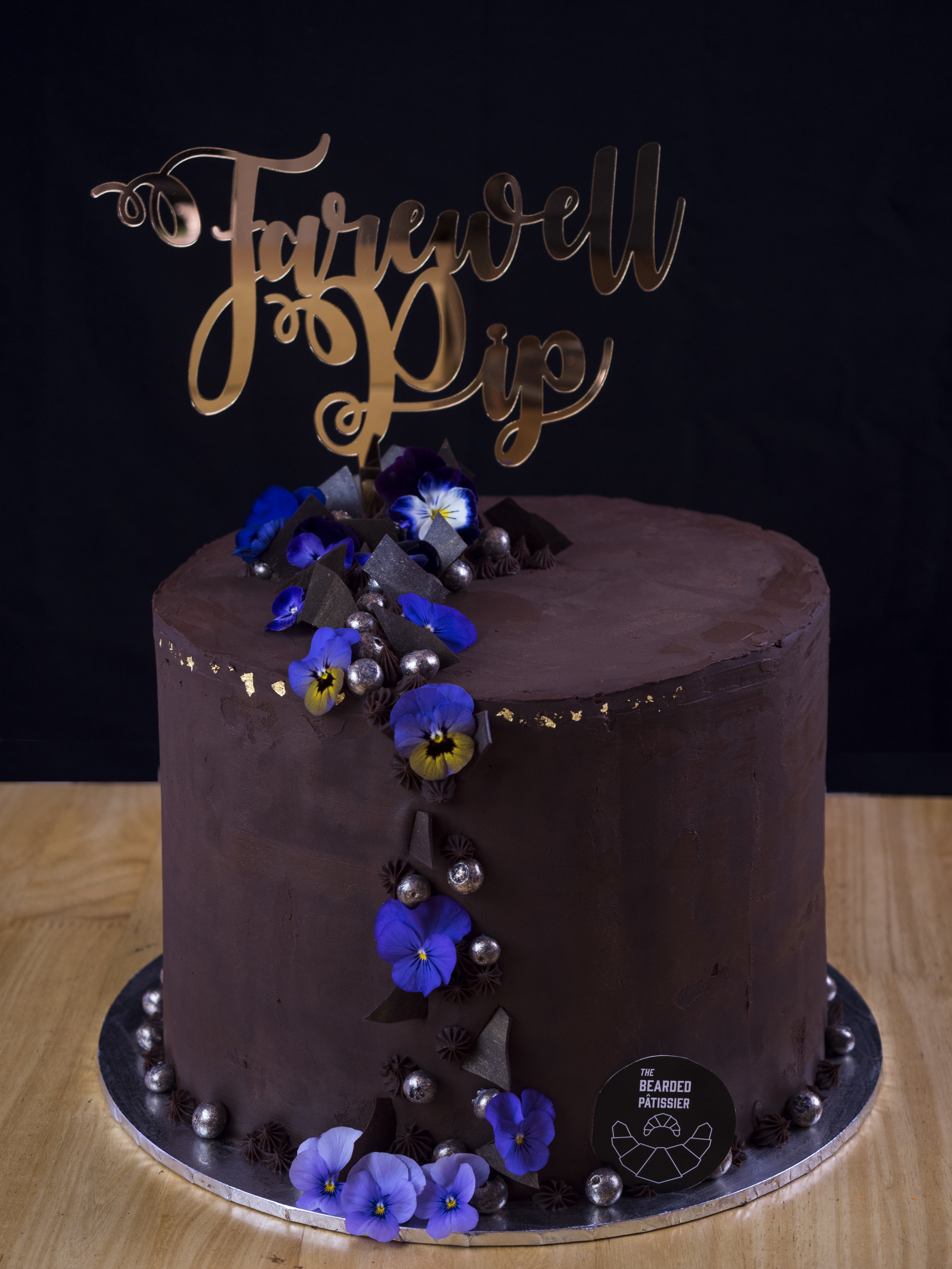 Chocolate Cake, Salted Caramel Buttercream, Chocolate Ganache, custom topper