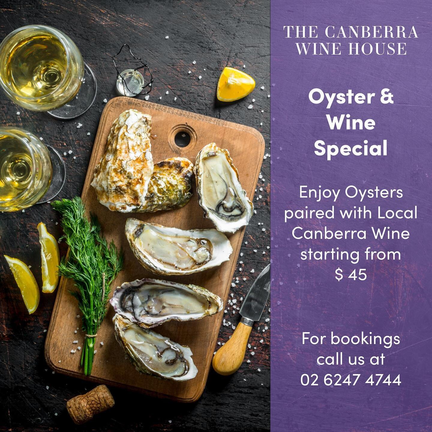 During 𝗔𝗽𝗿𝗶𝗹 enjoy 𝗳𝗿𝗲𝘀𝗵𝗹𝘆 𝘀𝗵𝘂𝗰𝗸𝗲𝗱 𝗦𝗼𝘂𝘁𝗵 𝗖𝗼𝗮𝘀𝘁 𝗢𝘆𝘀𝘁𝗲𝗿𝘀 paired with 𝗹𝗼𝗰𝗮𝗹 𝘄𝗶𝗻𝗲𝘀 at The Canberra Wine House. 

For bookings :
☎️ 02 6247 4744
📲 www.thecanberrawinehouse.com.au
