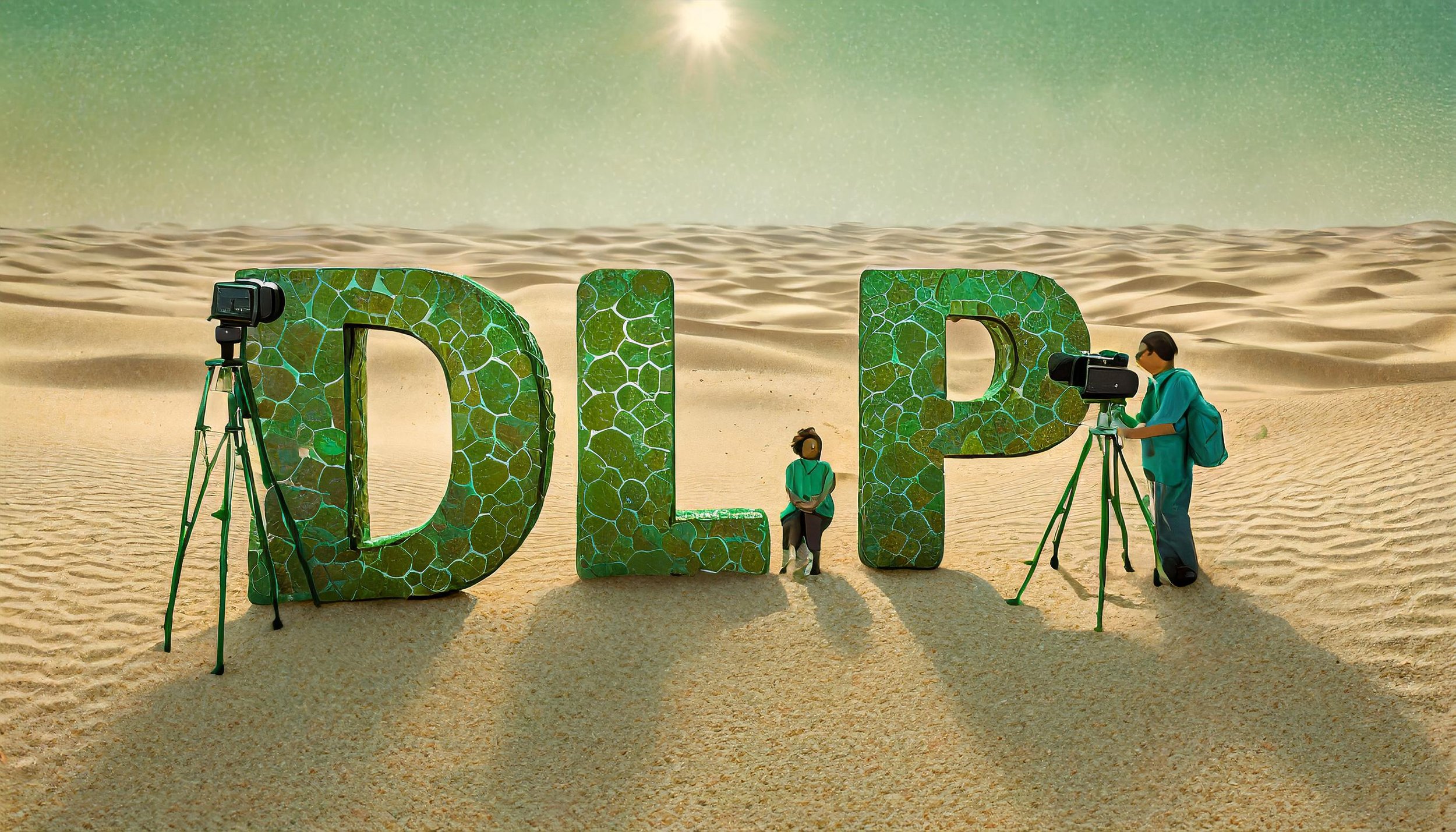 Firefly the large letters DLP, which are green in color and textured like stones, sit together in a .jpg