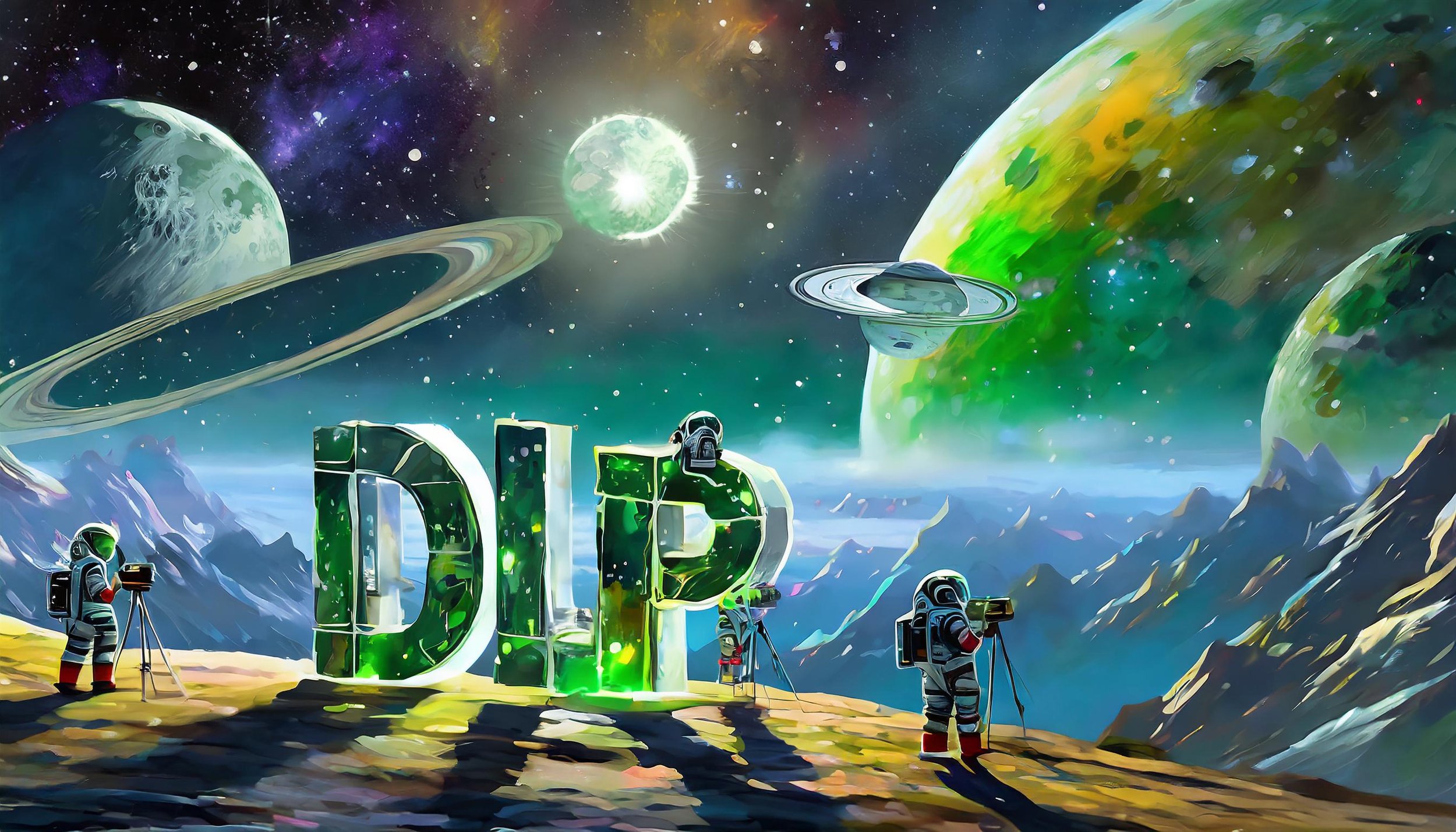 Firefly the large letters DLP, which are green in color , sit together on the moon in outer space. a.jpg