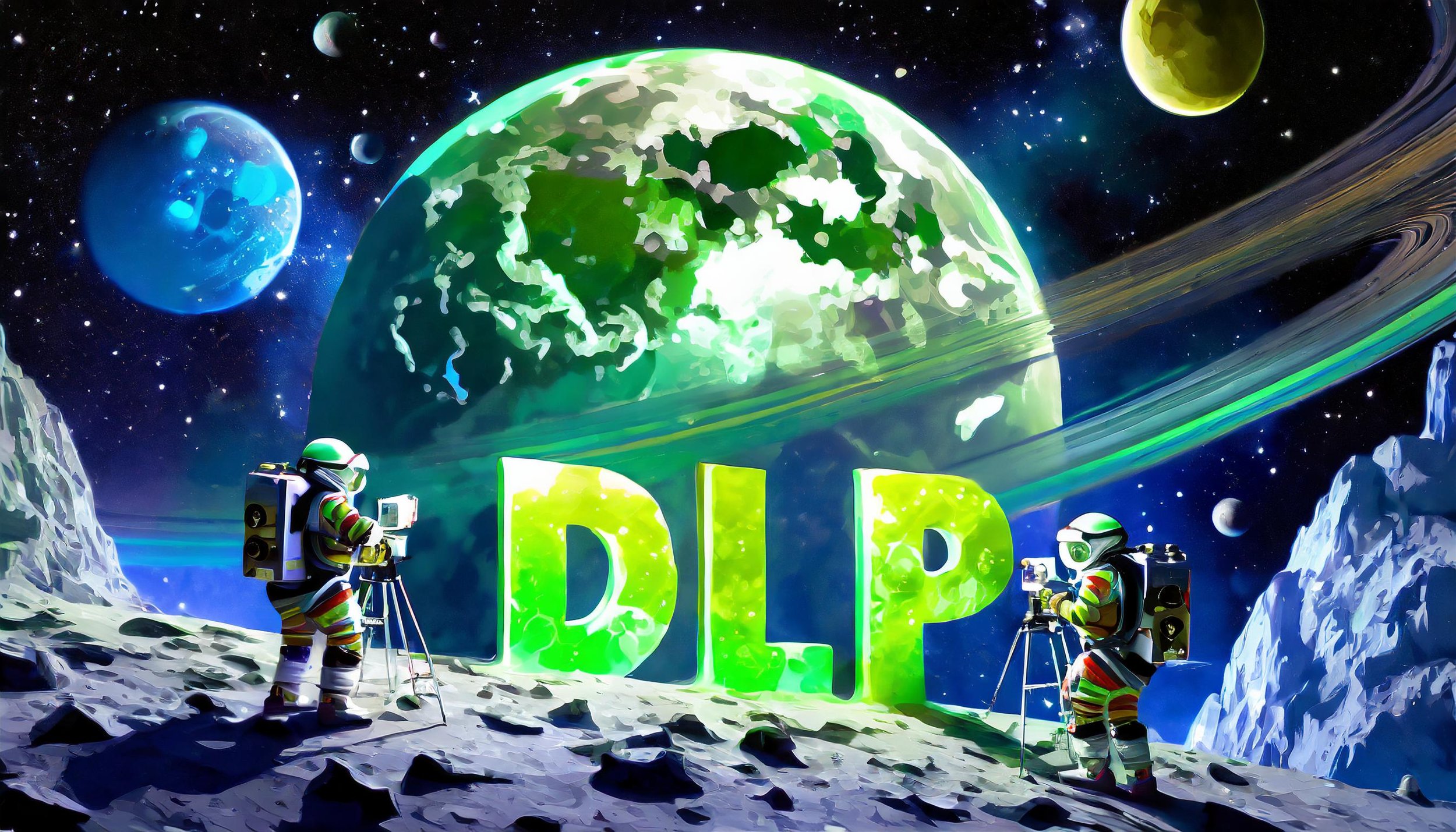 Firefly the large letters DLP, which are green in color , sit together on the moon in outer space. s-2.jpg