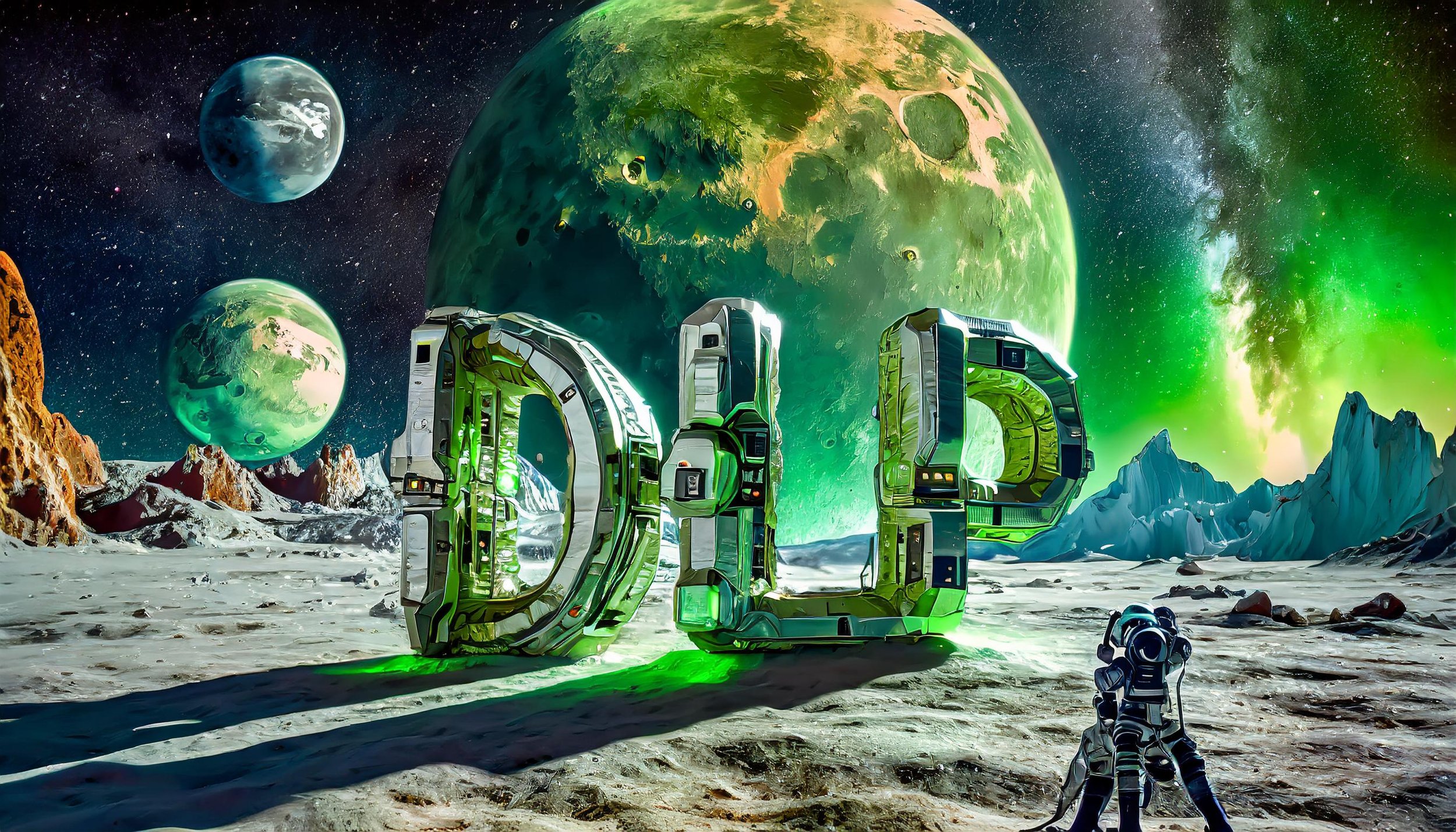 Firefly the large letters DLP, which are green in color , sit together on the moon in outer space. s.jpg
