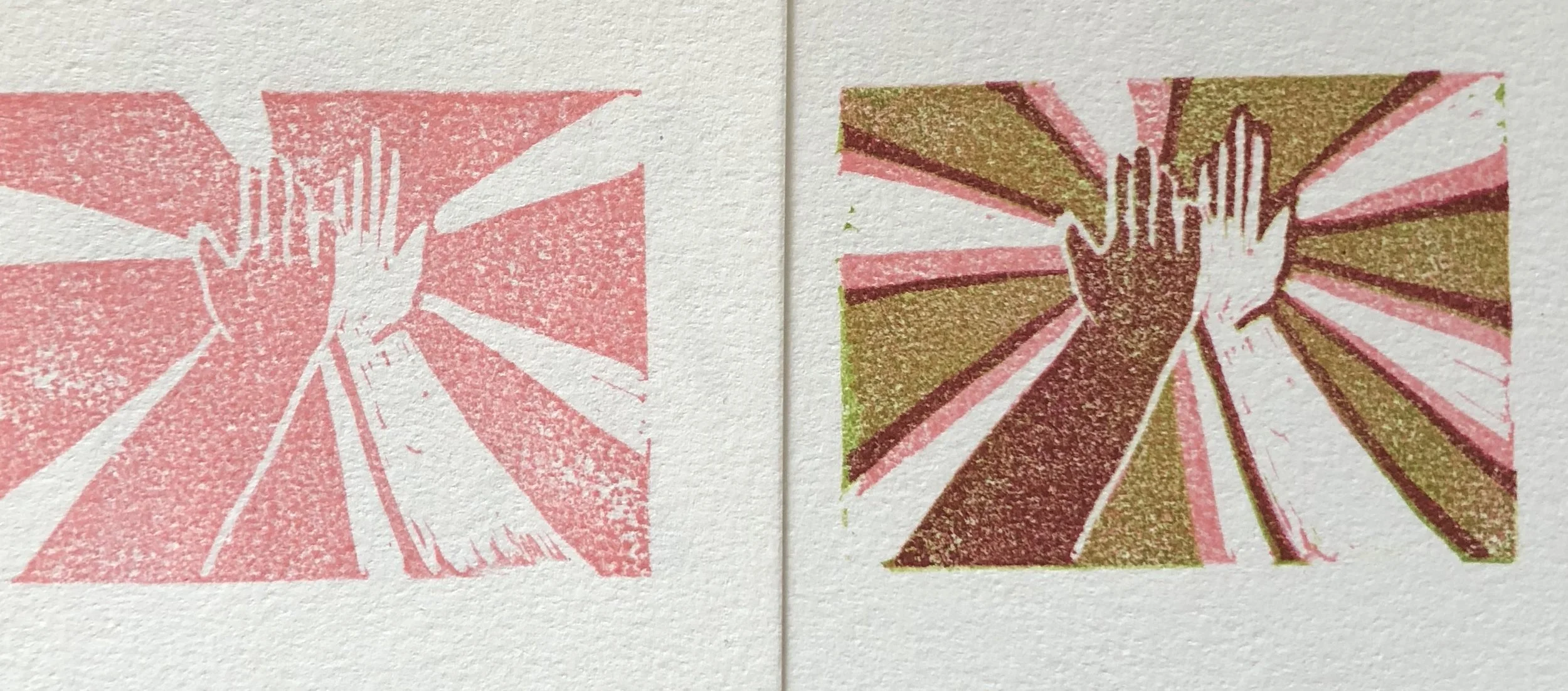 "High Five" Stamp reduction print by Jeana Hadley.