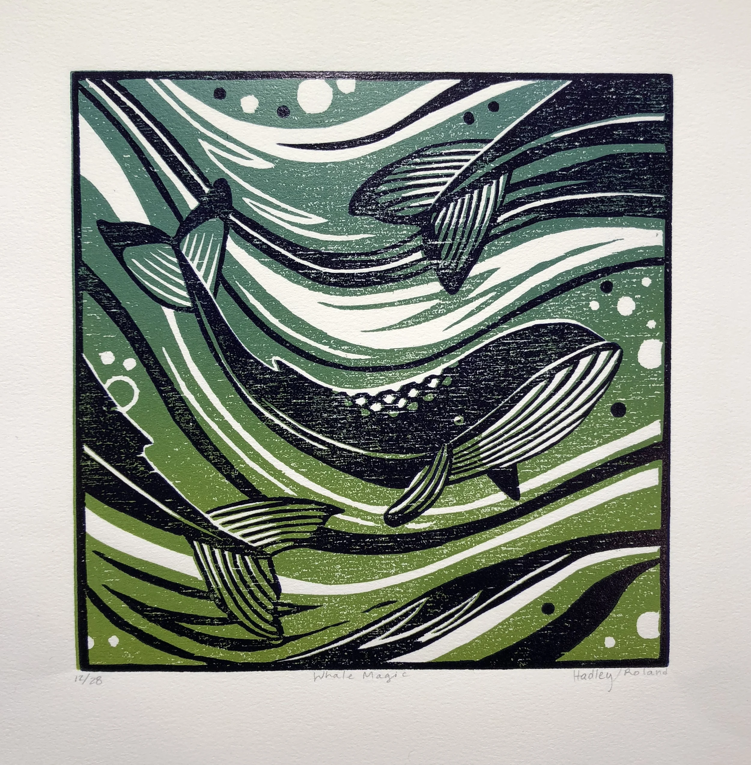"Whale Magic" woodcut reduction print by Jeana Hadley and Nathalie Roland