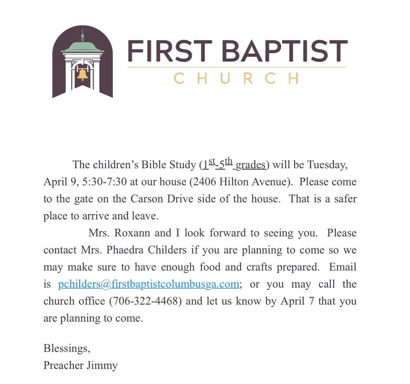Please either email or call the church by April 7th.  This will be the last Children&rsquo;s Bible Study for the current school year.