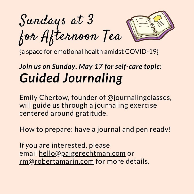 &ldquo;What a comfort is this journal. I tell myself to myself and throw the burden on my book and feel relieved.&quot; &mdash;Anne Lister
🖊 📓
Join us for our next virtual self-care gathering on Sunday, May 17th, at 3pm!
Emily Chertow - founder of 