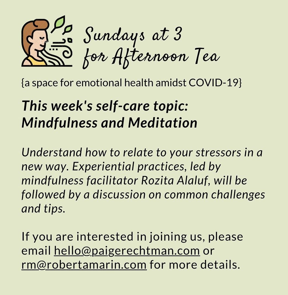 Join us this Sunday (4/26) at 3pm for our FREE virtual gathering to explore how mindfulness practices can help you relate differently to life&rsquo;s stressors.
Experiential practices, led by mindfulness facilitator Rozita Alaluf, will be followed by