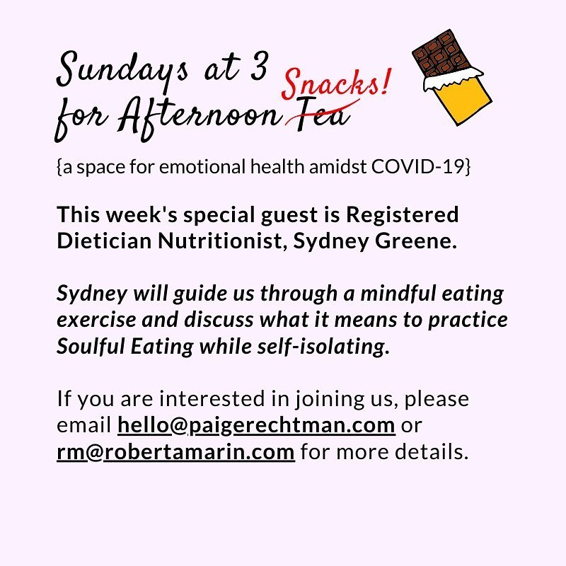 Join us for our next FREE virtual gathering on Sunday, 4/19!
In addition to providing a platform for community-building and anxiety-reducing strategies, Sunday&rsquo;s theme will revolve around food! 🍫🍉🍎
We are so excited to have Sydney Greene as 