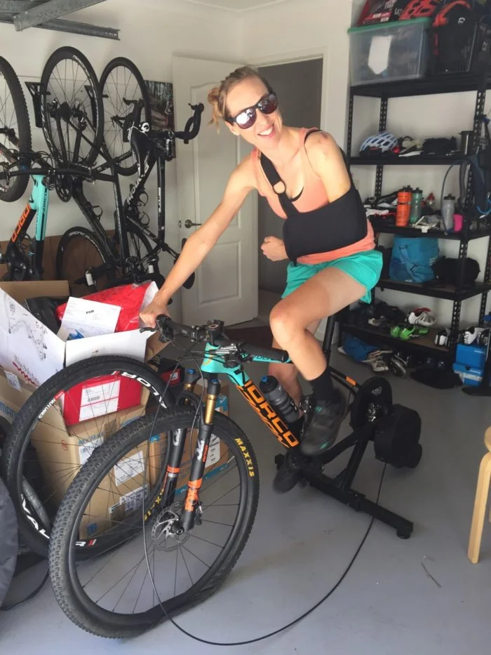 Imogen Smith from Team MarathonMTB.com recovers from a shattered shoulder in 2017 on the home trainer.