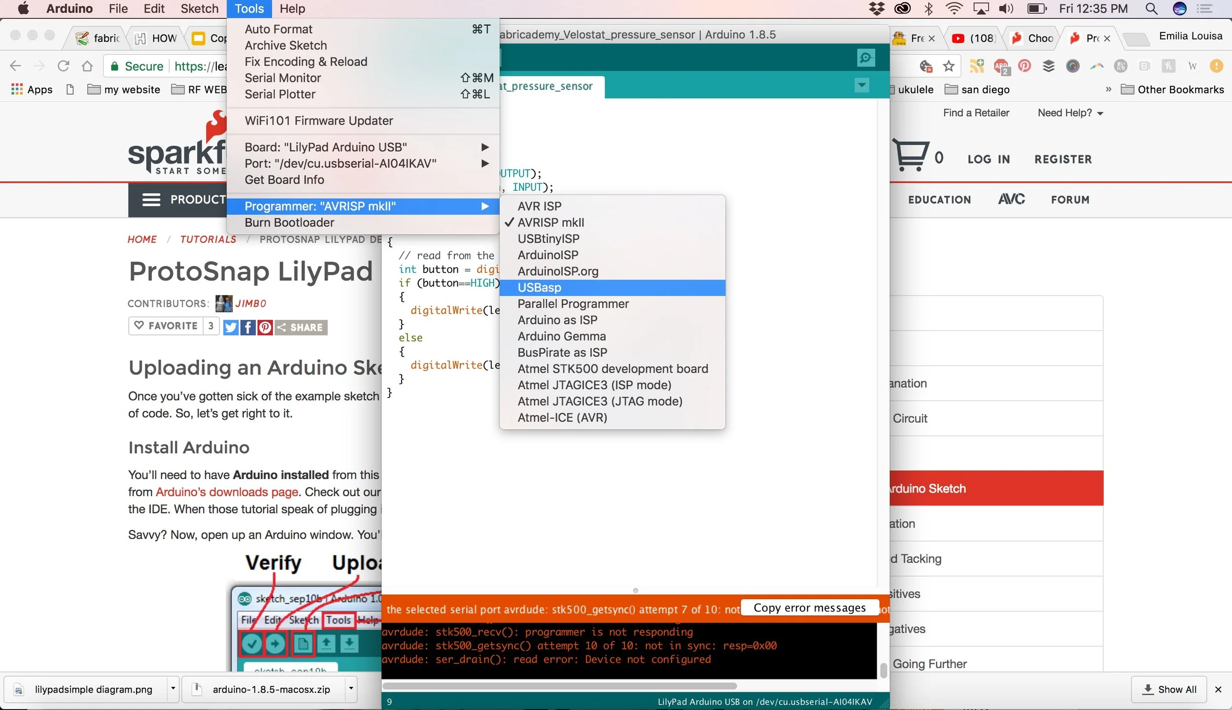 Note for the readers: I am aware that the Lilypad selected in the Arduino screen here is the USB, but I tried also with the regular Lilypad Arduino, with the same exact results.