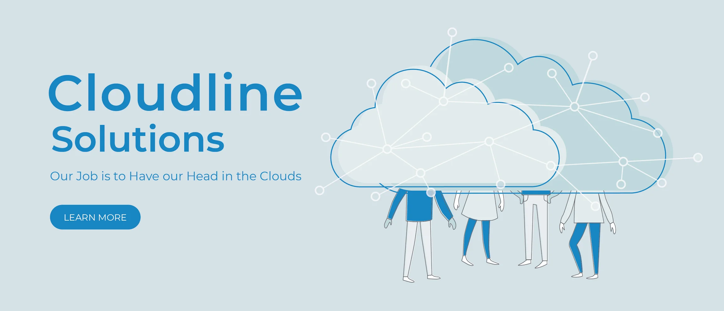 Trial for the Landing Page Illustration, with people under a cloud with interconnected network - light blue background