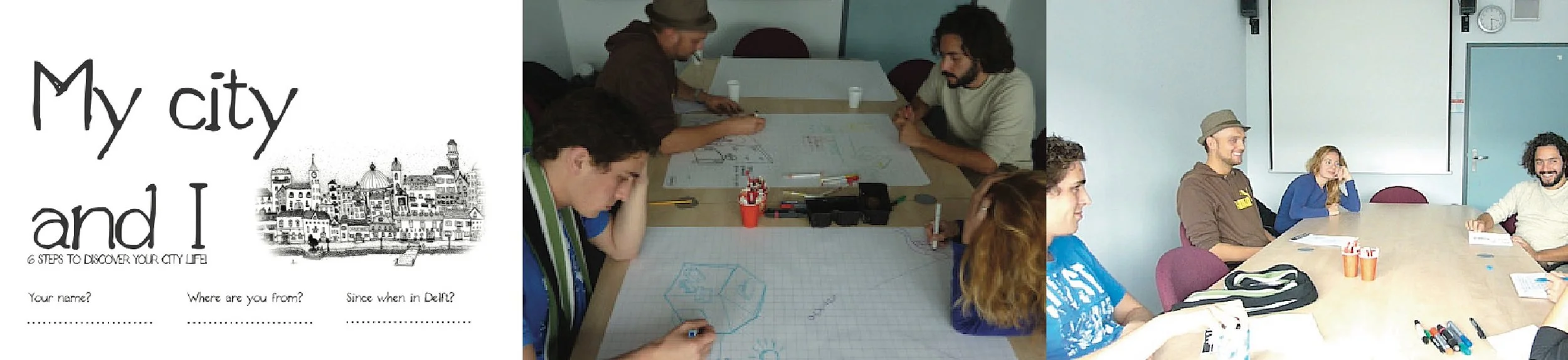 From left to right: Front cover of the sensitizing diary filled in by the 15 students; Ideation session “My Ideal Living Experience”, individual concepts; Ideation session “My Ideal Living Experience” collective co-creation.