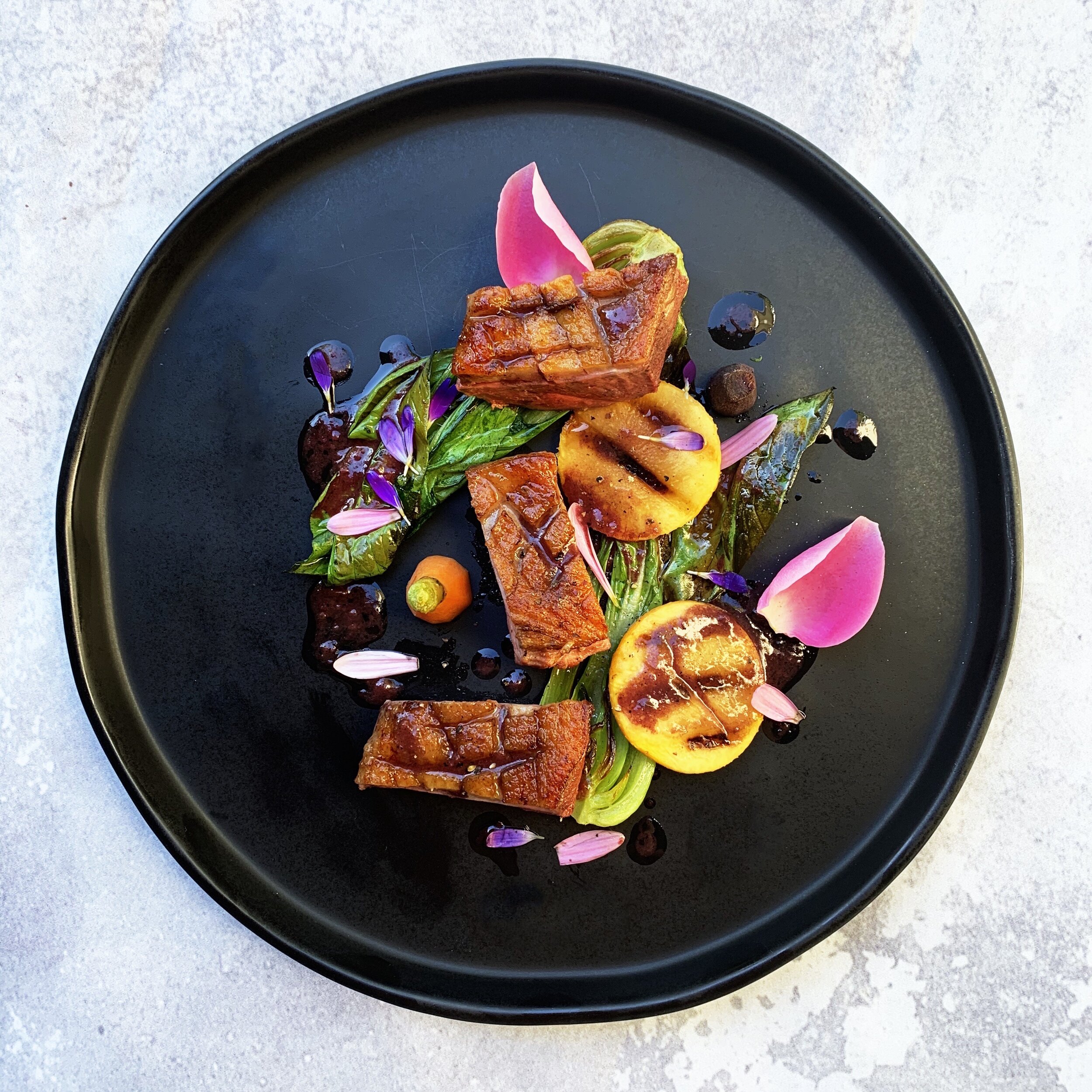 Duck and grilled peaches