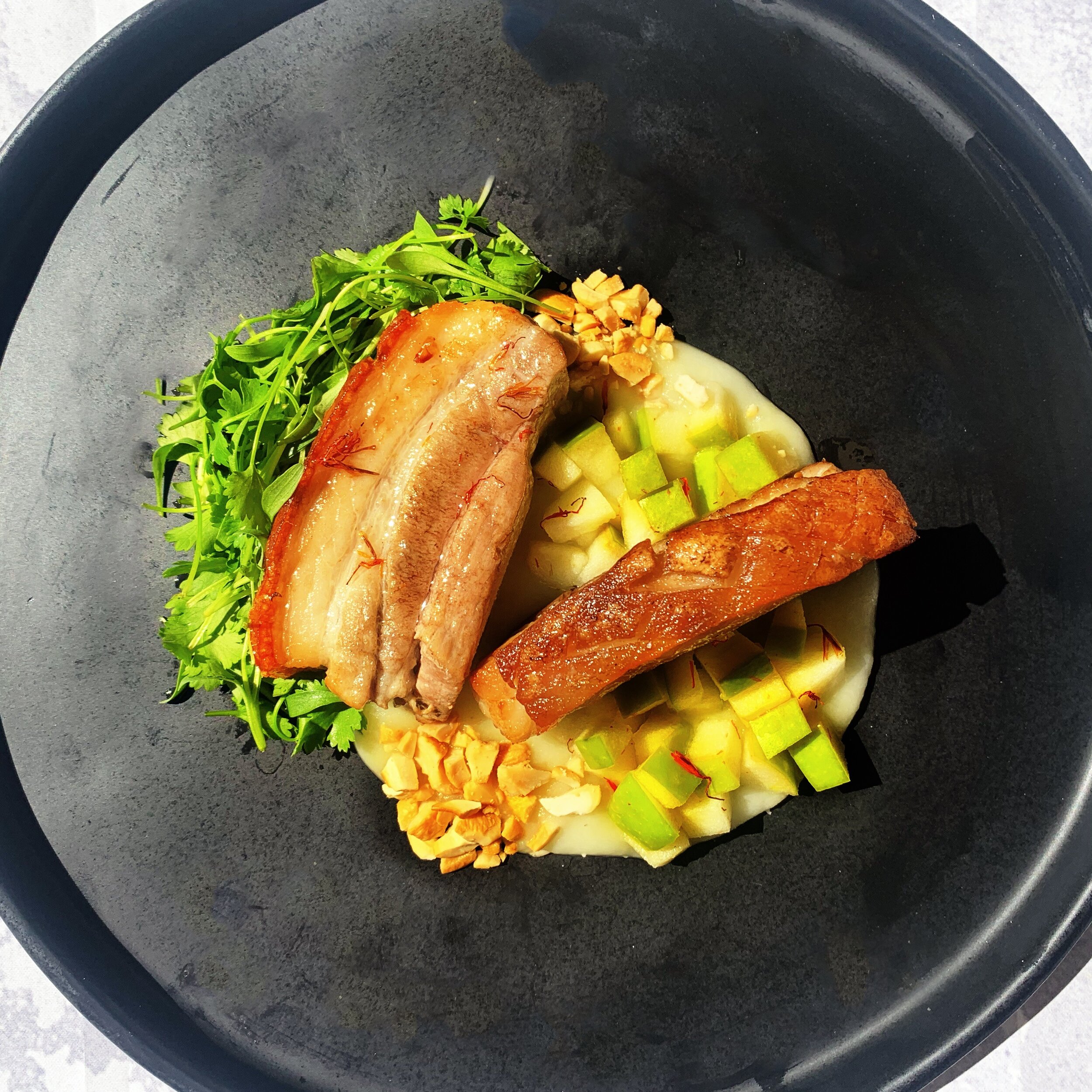 Roast pork belly & apple chutney