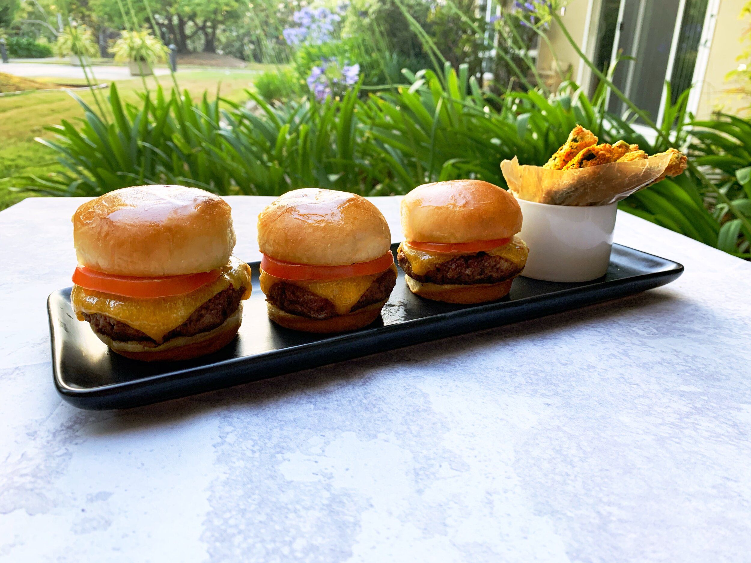 Impossible meat sliders and zucchini fries