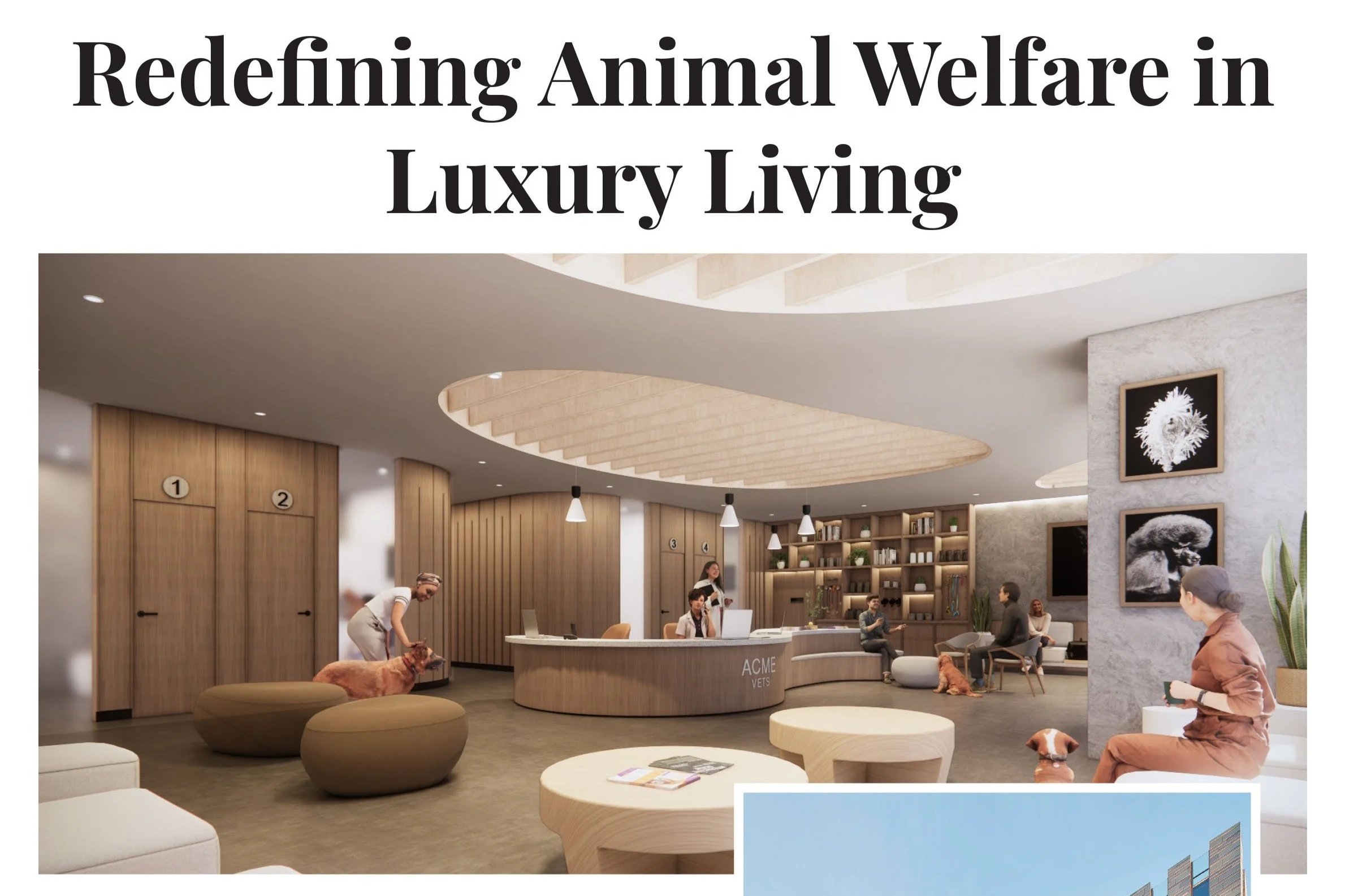 Interior of a modern veterinary clinic lobby with wooden accents, seating areas, and wall art featuring animal photos.