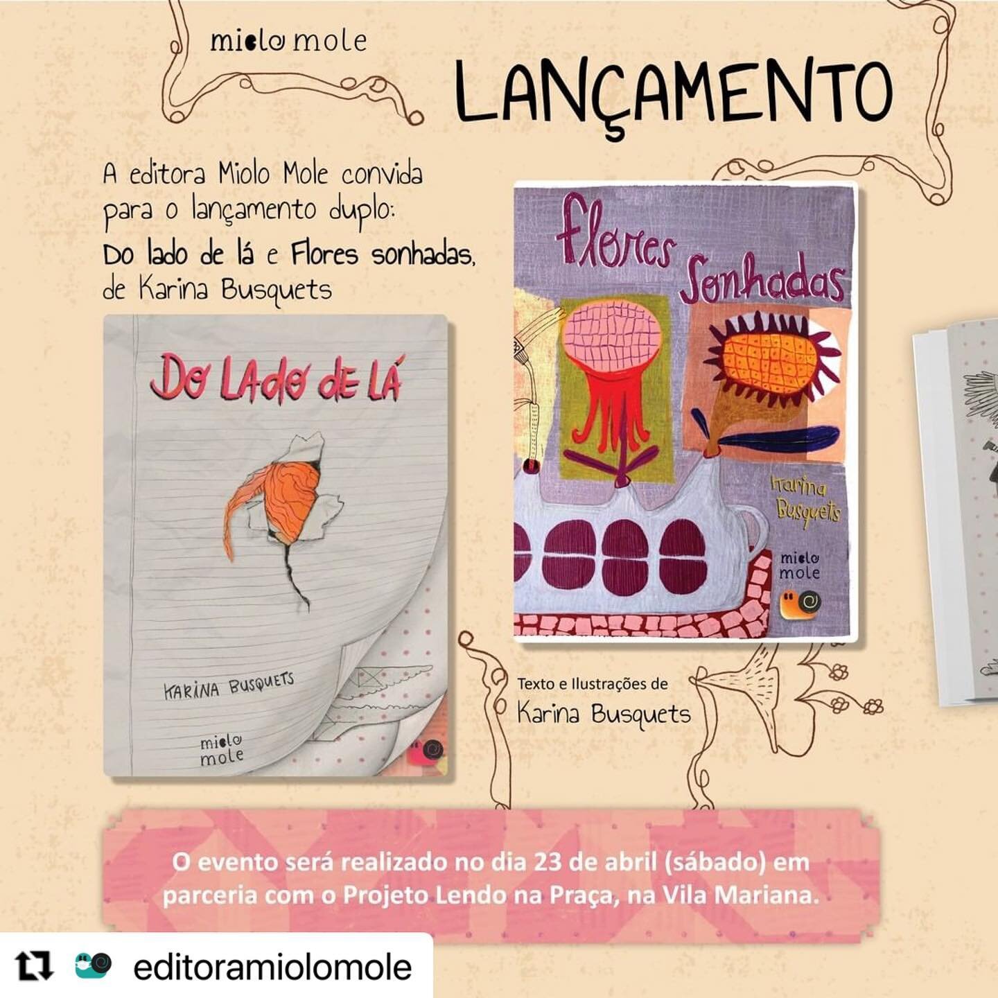 #Repost @editoramiolomole 
・・・
Direto da Inglaterra, a autora  @k.busquets trar&aacute; um pouquinho de sua perspectiva para o lan&ccedil;amento de seus livros &ldquo;Do lado de l&aacute;&rdquo; e &ldquo;Flores sonhadas&rdquo;.

O evento acontecer&aa