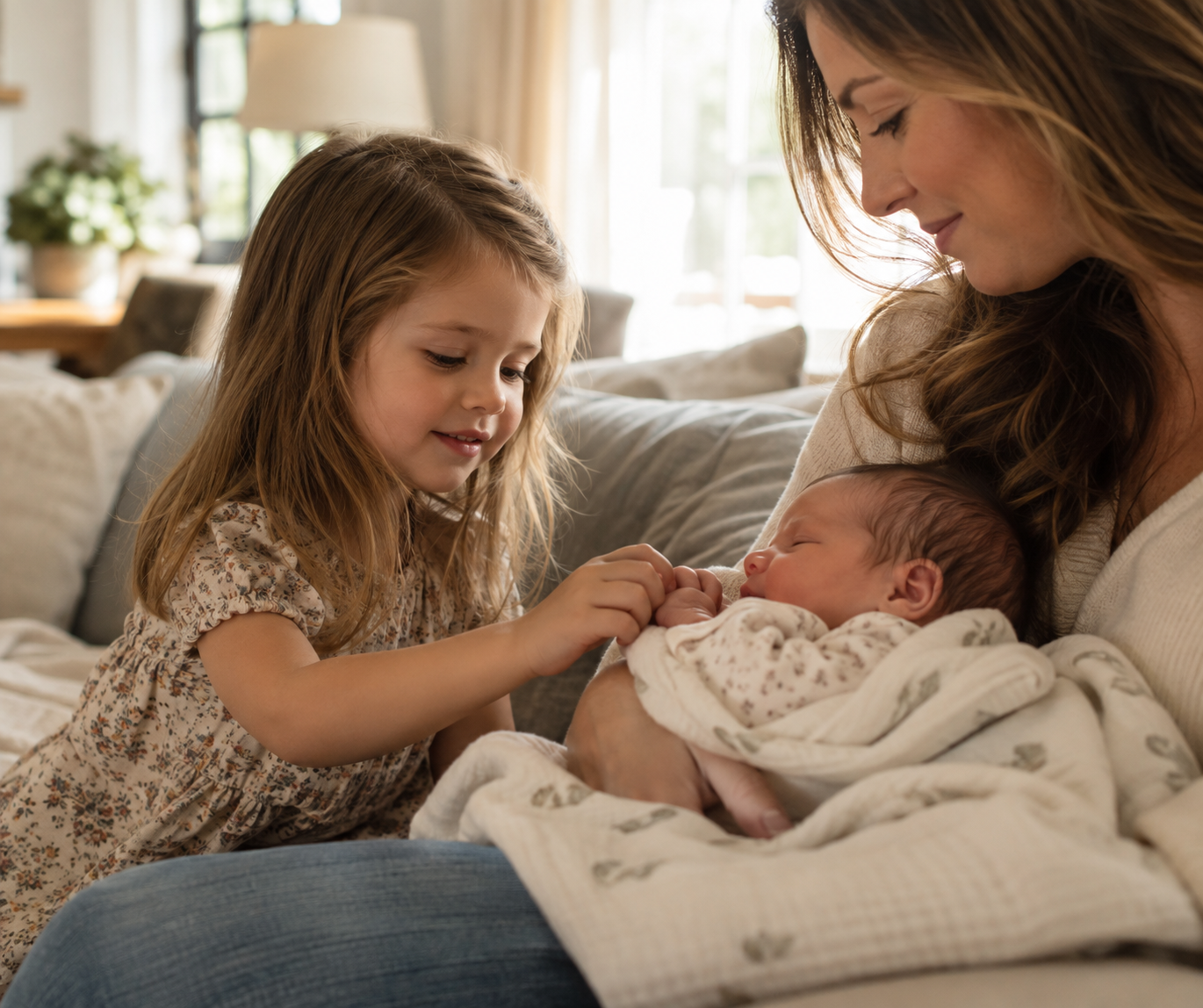 Older sibling gently meeting newborn baby with mother's support, illustrating sibling doula care