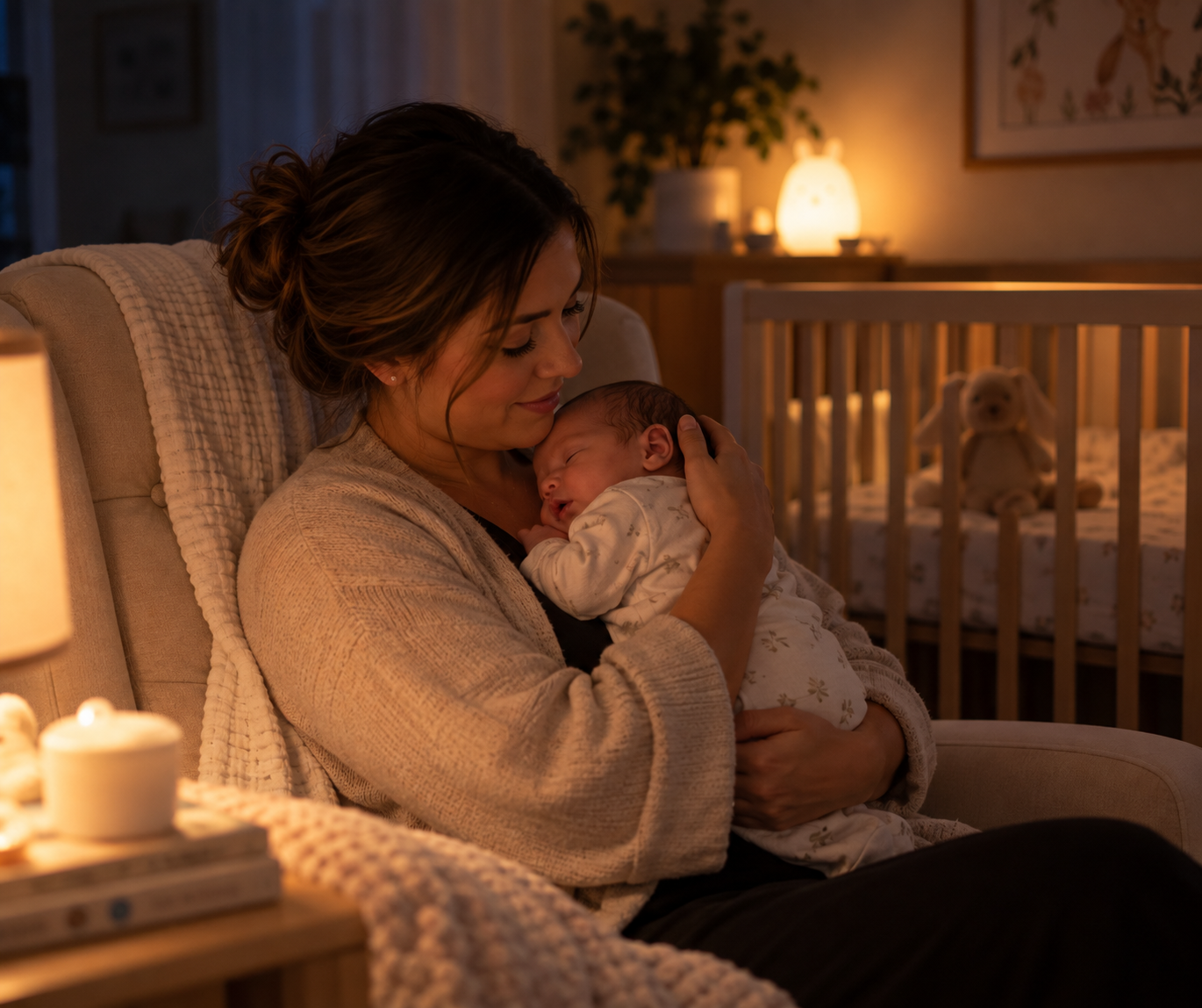 Night nanny soothing a newborn during an overnight shift so parents can sleep