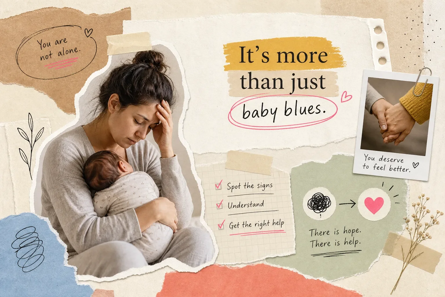 Mother holding newborn looking overwhelmed, illustrating that postpartum depression is more than baby blues and effective treatment is available