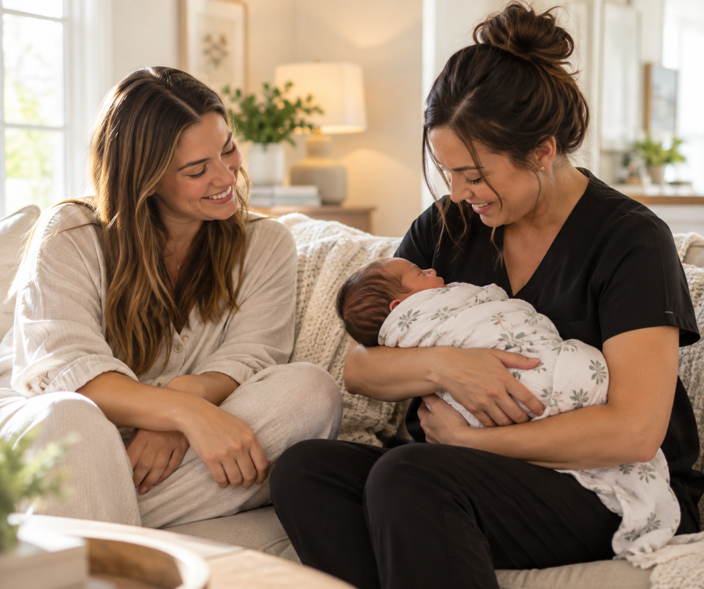 Postpartum nanny gently holding a newborn while the new mother relaxes at home