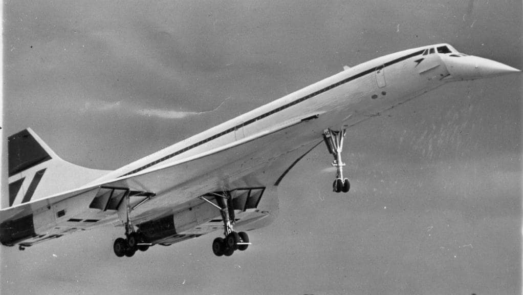 A black and white shot of a Concorde landing in Melbourne's Tullamarine Airport, photo from The Daily Telegraph Australia