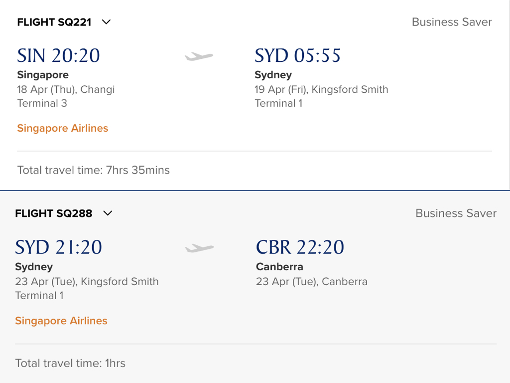 These flights are separated by a stopover in Sydney lasting 5 days