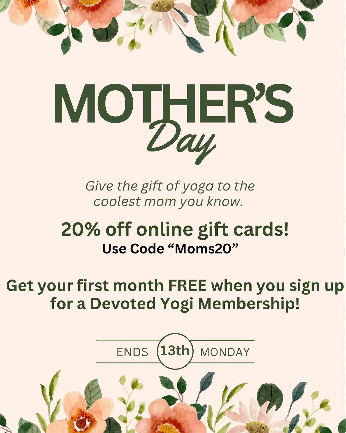 🌸Mother&rsquo;s Day Gift Card Sale🌸 

&bull; From now until Monday, May 13th, receive 20% off your gift card purchase online! 
&bull; Get your first month ✨FREE✨ when you sign up for a Devoted Yogi Membership at Kula! ($75 value!) 

Email yoga@kula