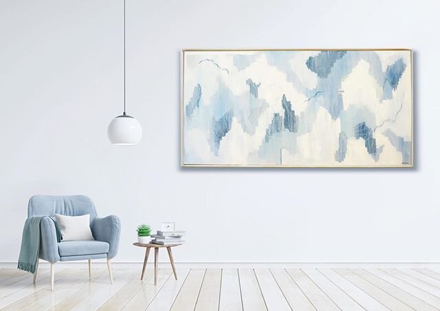 still crushing on this custom painting that is now in its new home 😍 seafoam whites and dusty blues, 🌊with lots of illustrative mark making and personal symbolism snuck in ✨ gosh, i&rsquo;m a sucker for abstract paintings- i just love how effortles