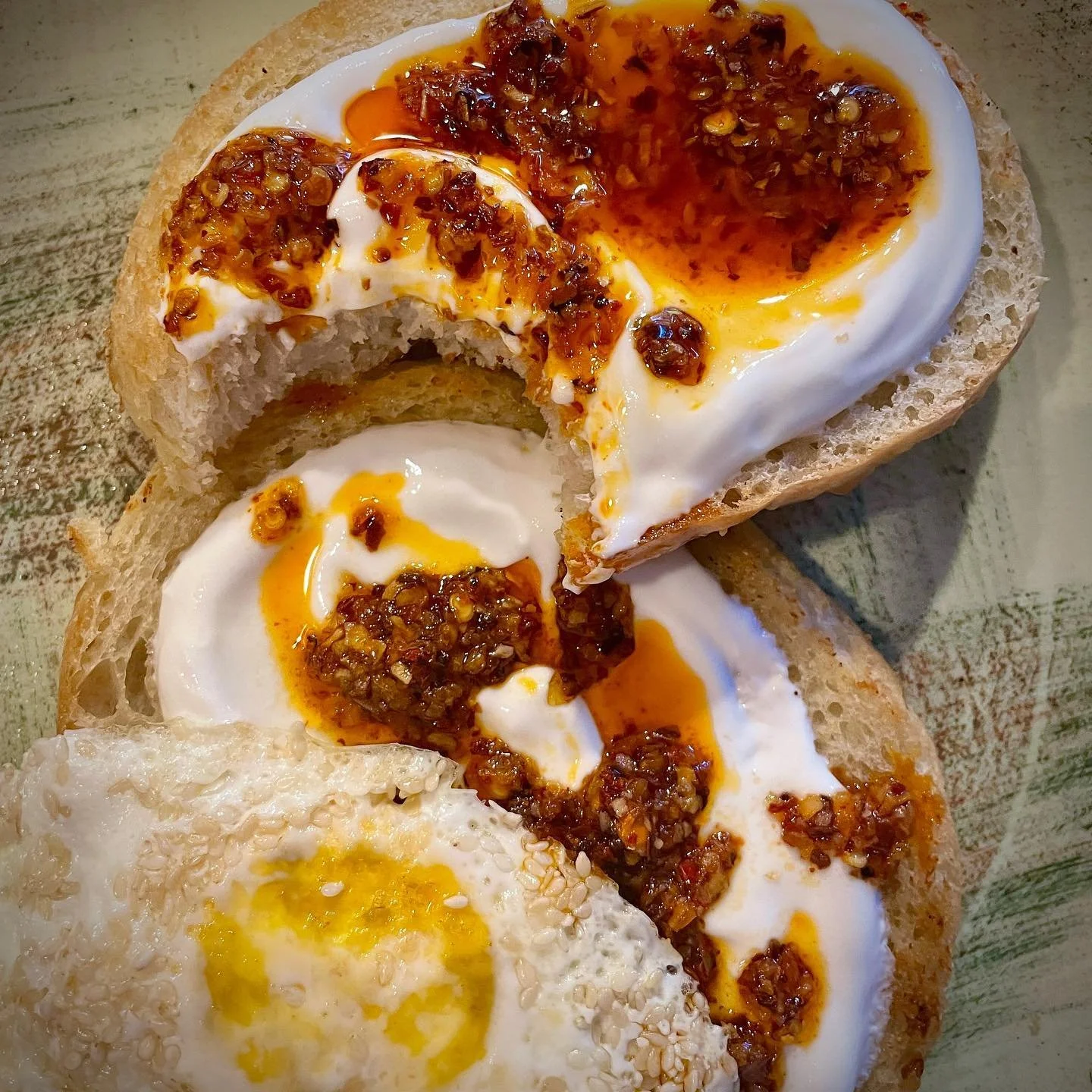 Homemade bread, yogurt and chili crisp&hellip; and an unpopular egg (because sometimes I like the yolk cooked! I dgaf!) 😂💀🍳
