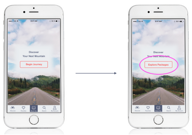 Users struggled with words begin journey so we changed the call to action button to say explore packages. This made the task more direct and improved clarity.