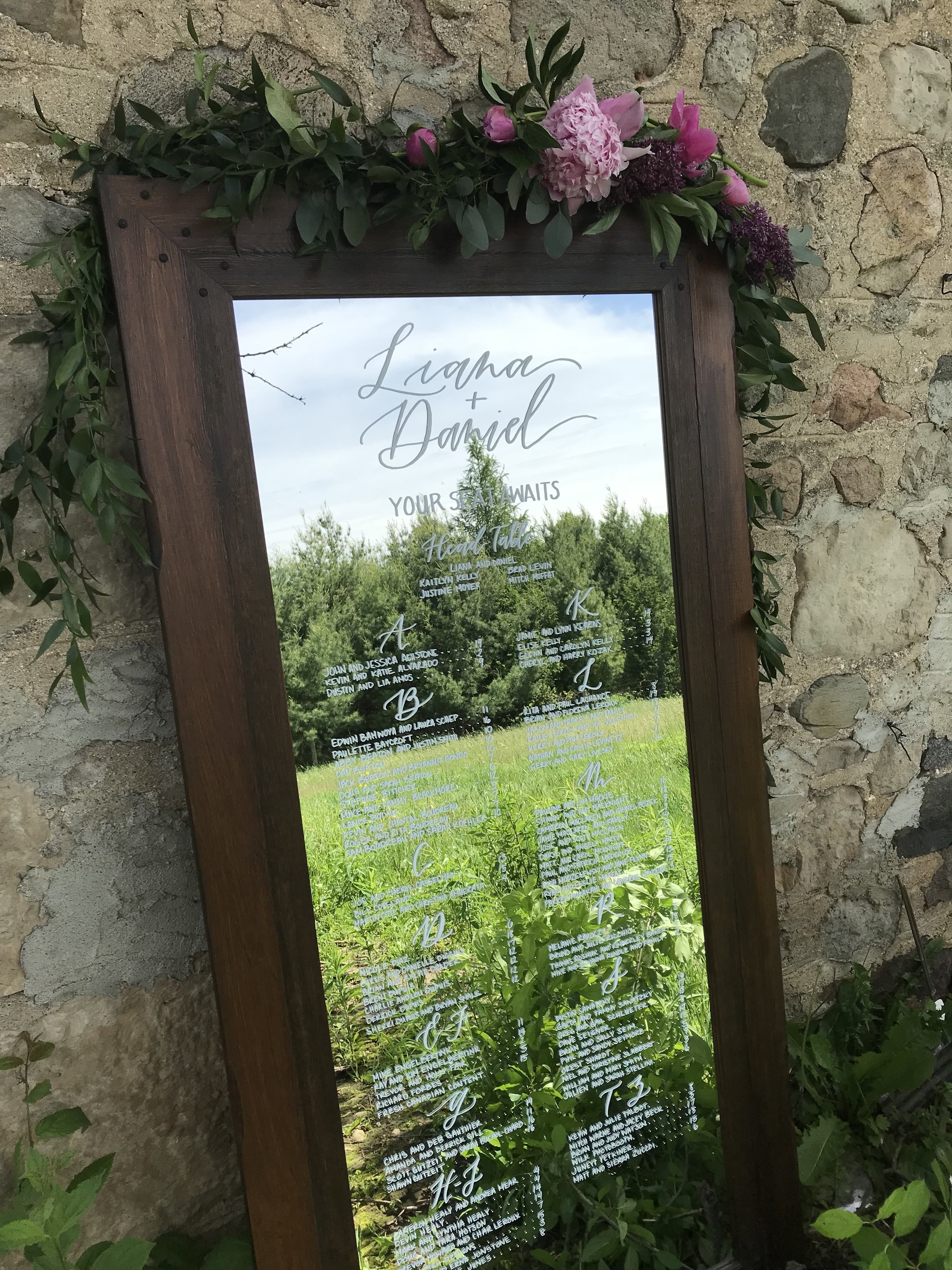 Calligraphy Guelph wedding mirror seating chart with flowers